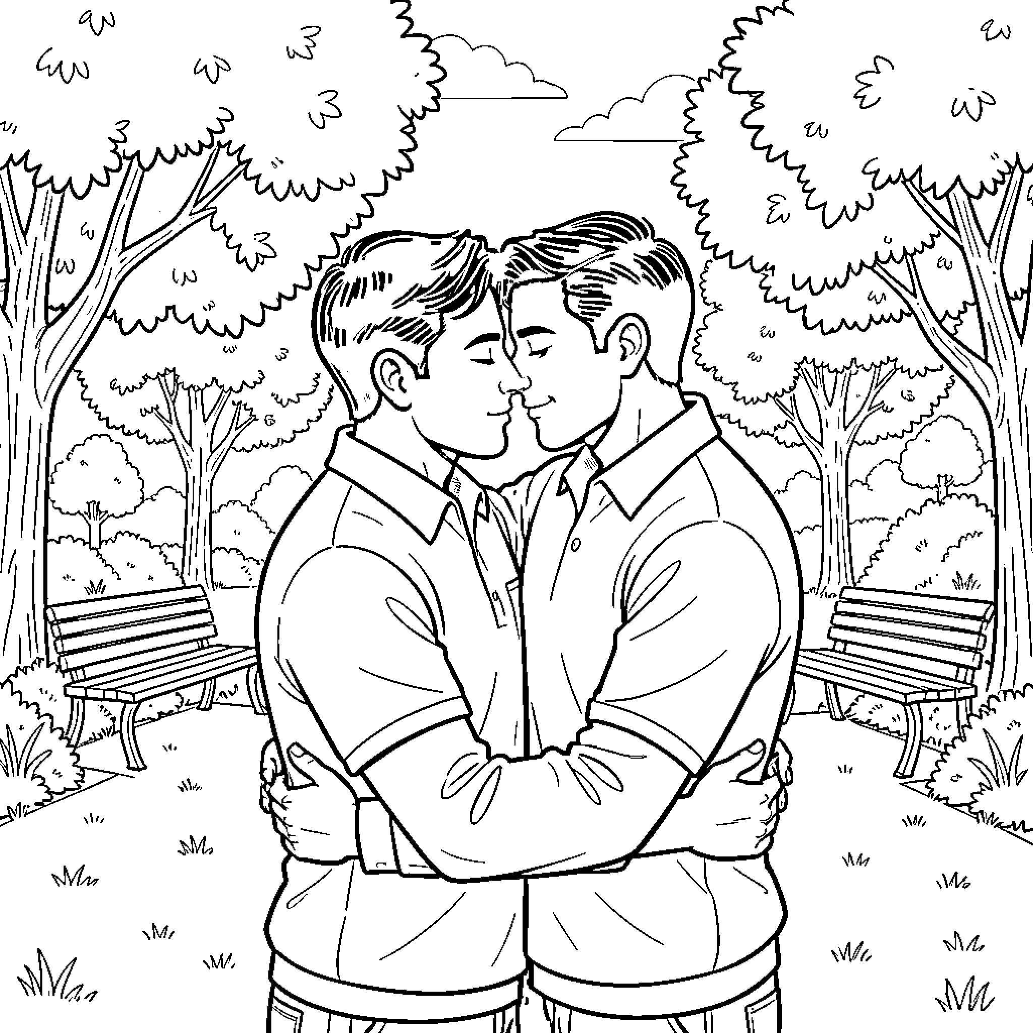 Men embracing lovingly in a peaceful park setting Coloring Page (free black-and-white line drawing printable PDF for all, from beginners to advanced learners, including children, teens, adults, and seniors)