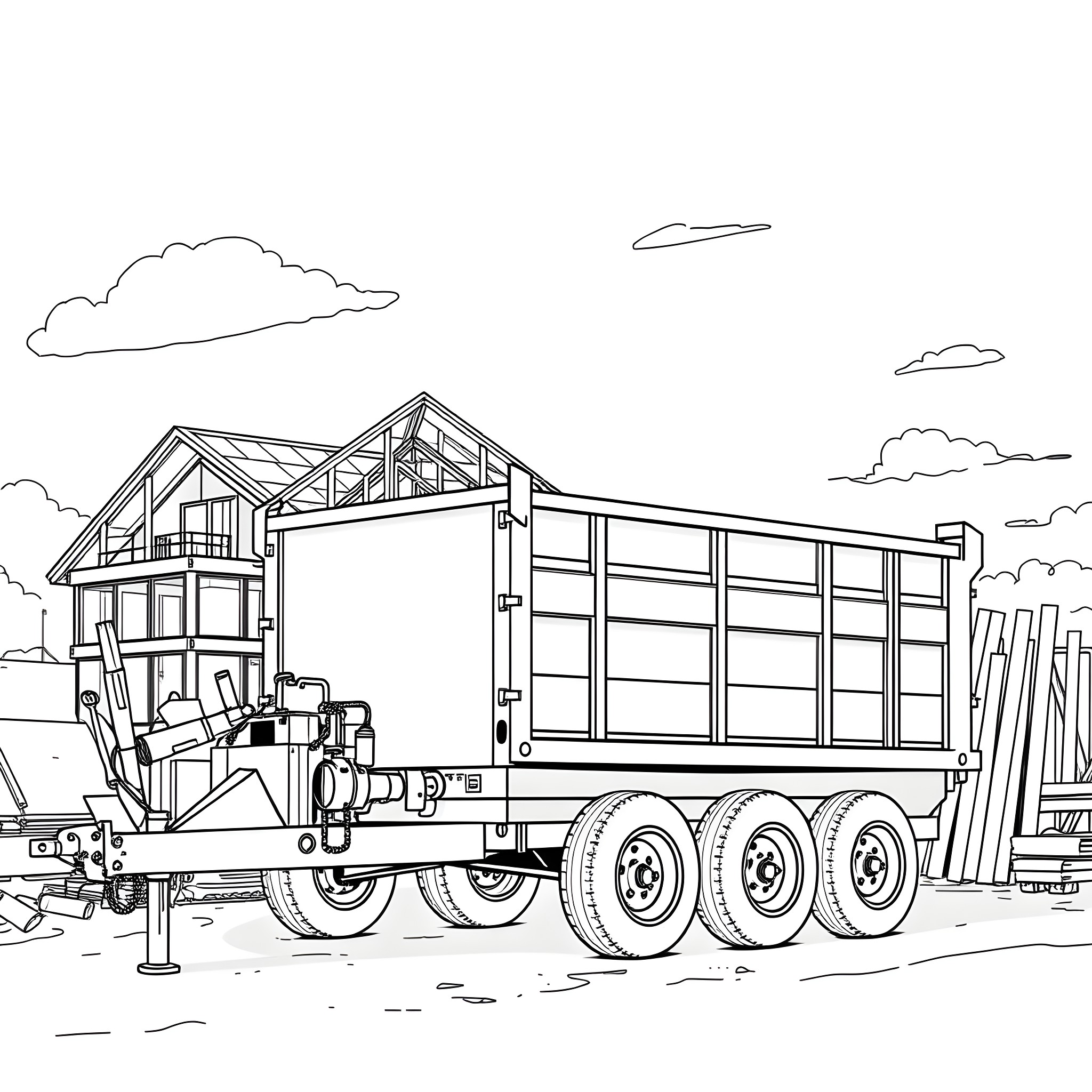 Dump Trailer Hauling Construction Materials on Site Coloring Page (free black-and-white line drawing printable PDF for all, from beginners to advanced learners, including children, teens, adults, and seniors)