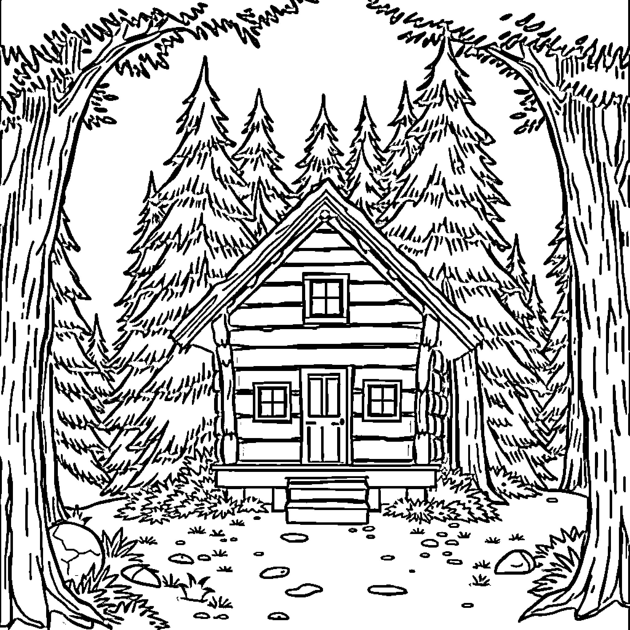 Cabin nestled in lush forest Coloring Page (free black-and-white line drawing printable PDF for all, from beginners to advanced learners, including children, teens, adults, and seniors)