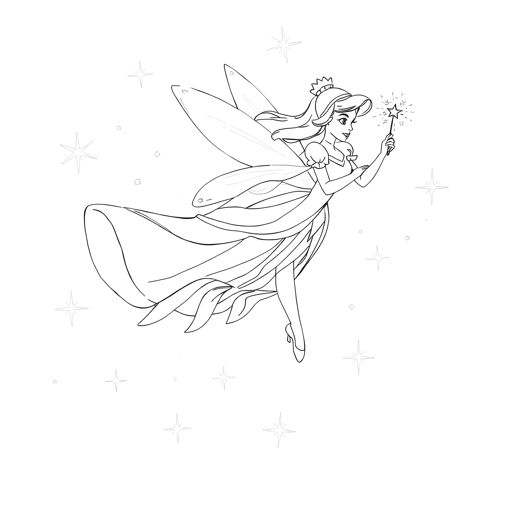 Fairy Godmother spreading magical sparkles Coloring Page (free black-and-white line drawing printable PDF for all, from beginners to advanced learners, including children, teens, adults, and seniors)
