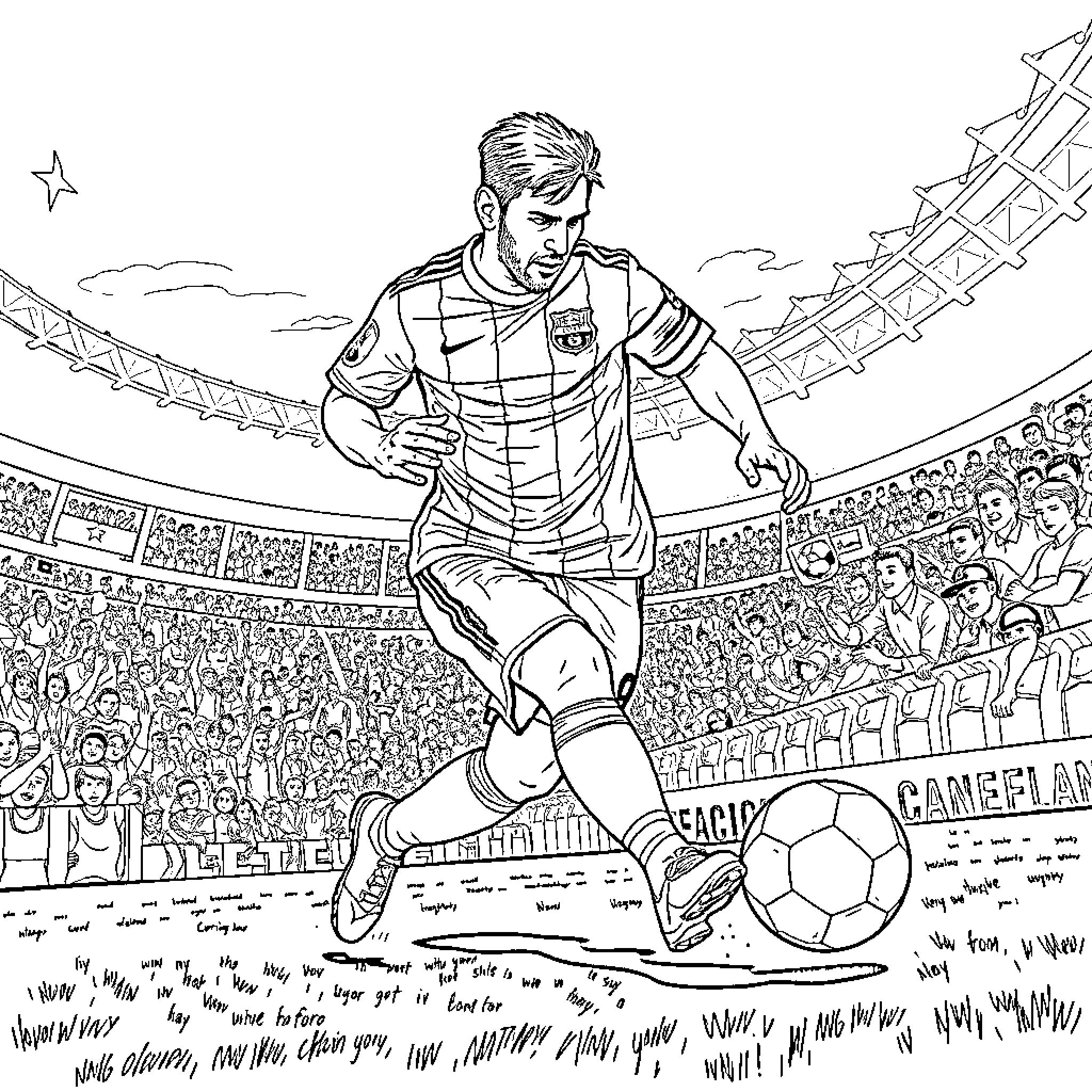 Messi kicking soccer ball in action-packed stadium scene Coloring Page (free black-and-white line drawing printable PDF for all, from beginners to advanced learners, including children, teens, adults, and seniors)