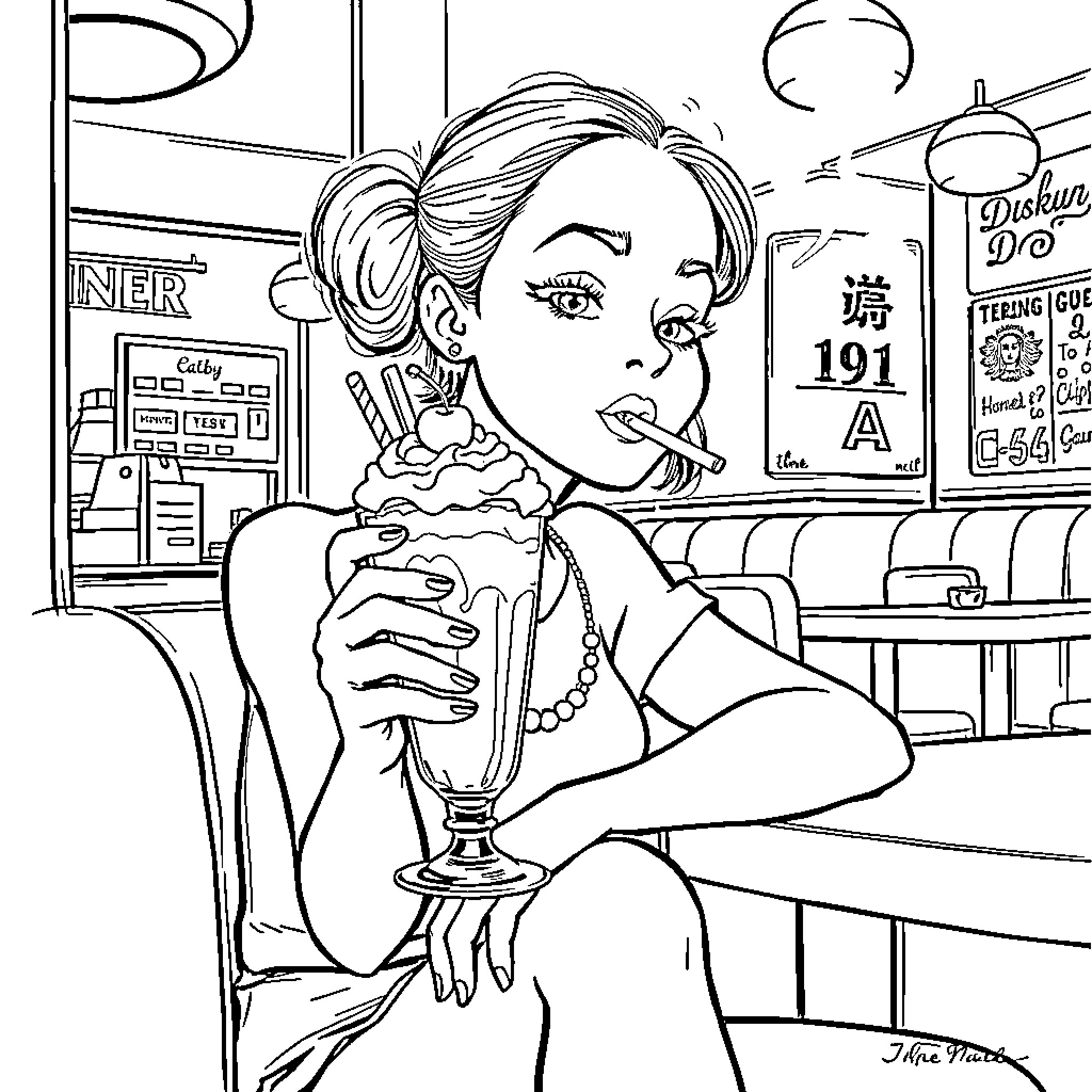 Girl enjoying a milkshake at the diner Coloring Page (free black-and-white line drawing printable PDF for all, from beginners to advanced learners, including children, teens, adults, and seniors)