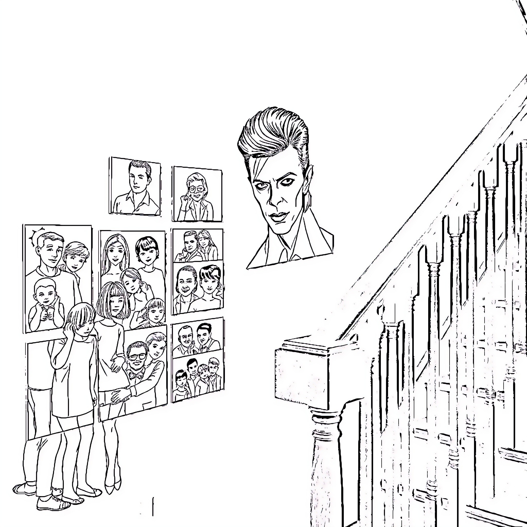 David Bowie Surrounded by Portraits in a Shadowy Gallery Coloring Page (free black-and-white line drawing printable PDF for all, from beginners to advanced learners, including children, teens, adults, and seniors)