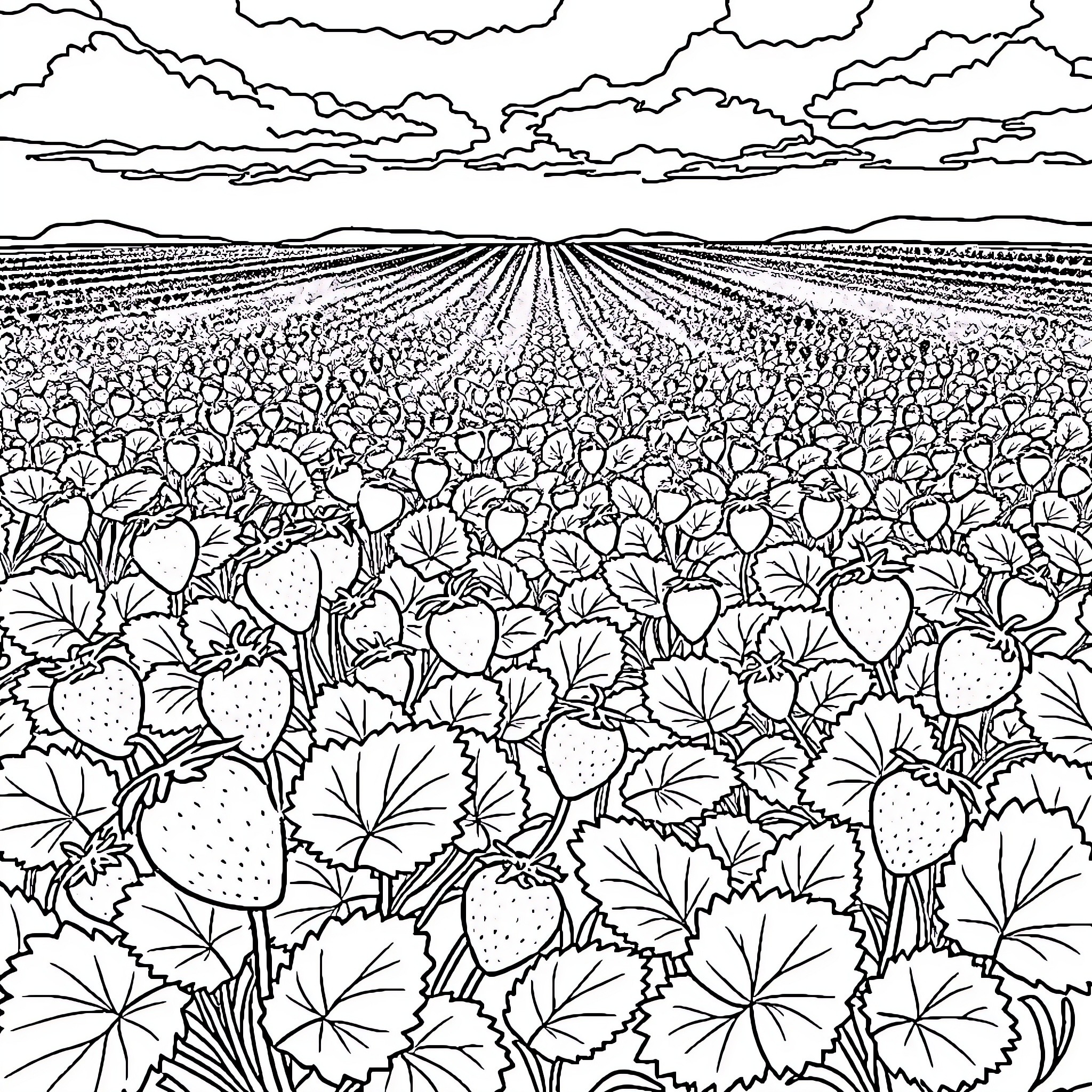 Strawberry Field Under Cloudy Skies Coloring Page (free black-and-white line drawing printable PDF for all, from beginners to advanced learners, including children, teens, adults, and seniors)