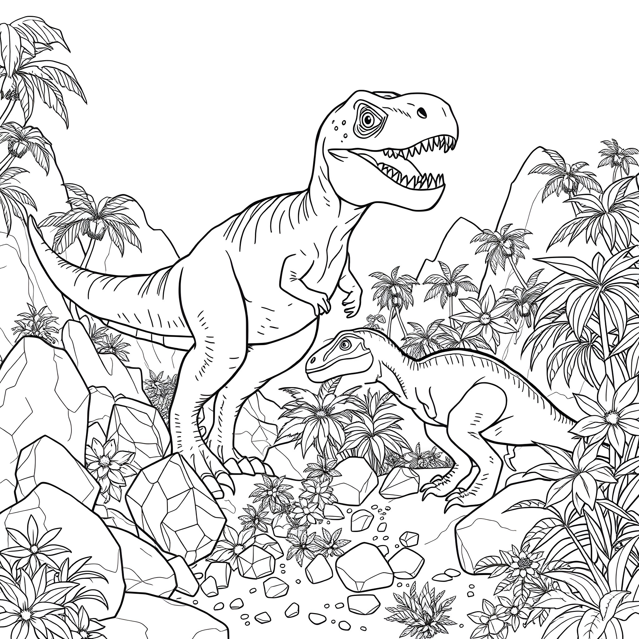 Dinosaurs roaming in a lush prehistoric landscape Coloring Page (free black-and-white line drawing printable PDF for all, from beginners to advanced learners, including children, teens, adults, and seniors)
