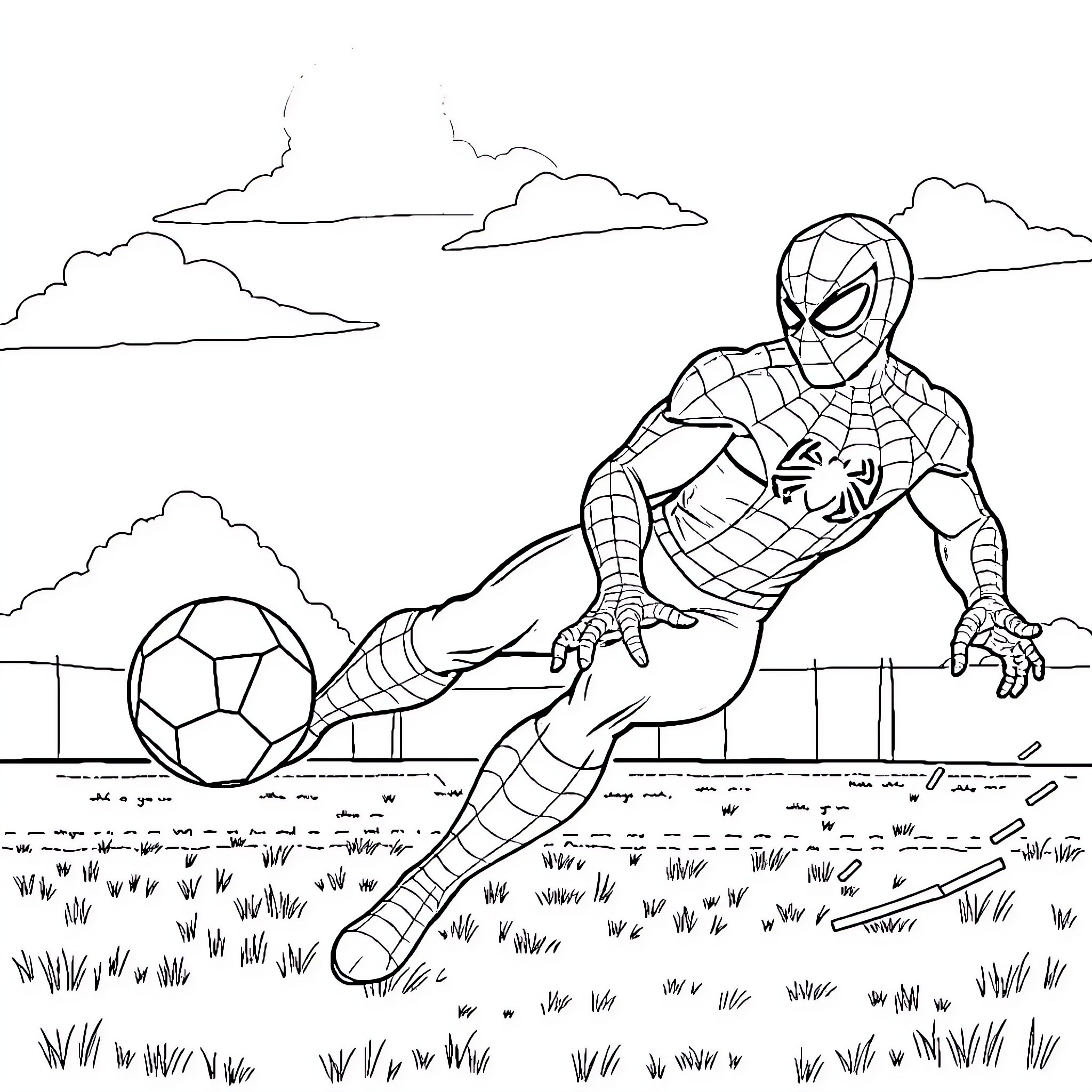 Spider-Man playing soccer on grassy field Coloring Page (free black-and-white line drawing printable PDF for all, from beginners to advanced learners, including children, teens, adults, and seniors)