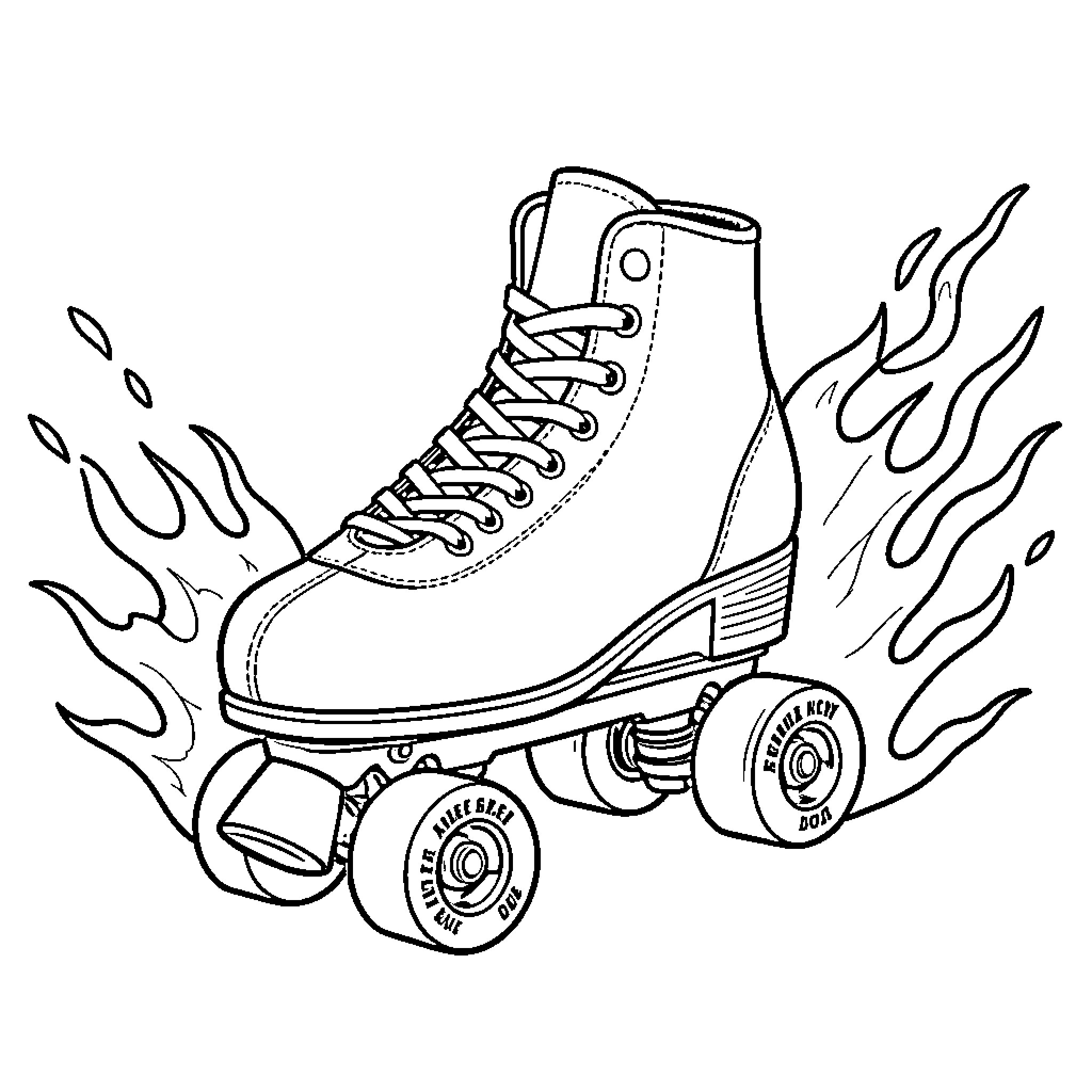 Skate with Flaming Wheels and Laces Coloring Page (free black-and-white line drawing printable PDF for all, from beginners to advanced learners, including children, teens, adults, and seniors)