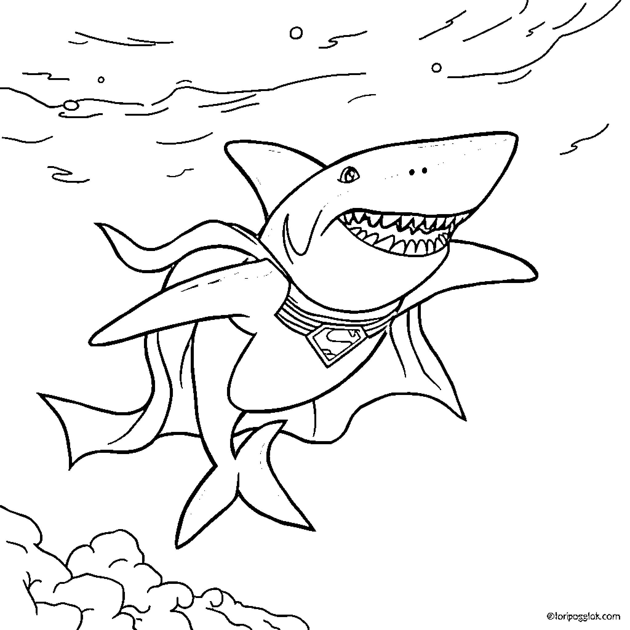 Shark swimming with menacing expression Coloring Page (free black-and-white line drawing printable PDF for all, from beginners to advanced learners, including children, teens, adults, and seniors)