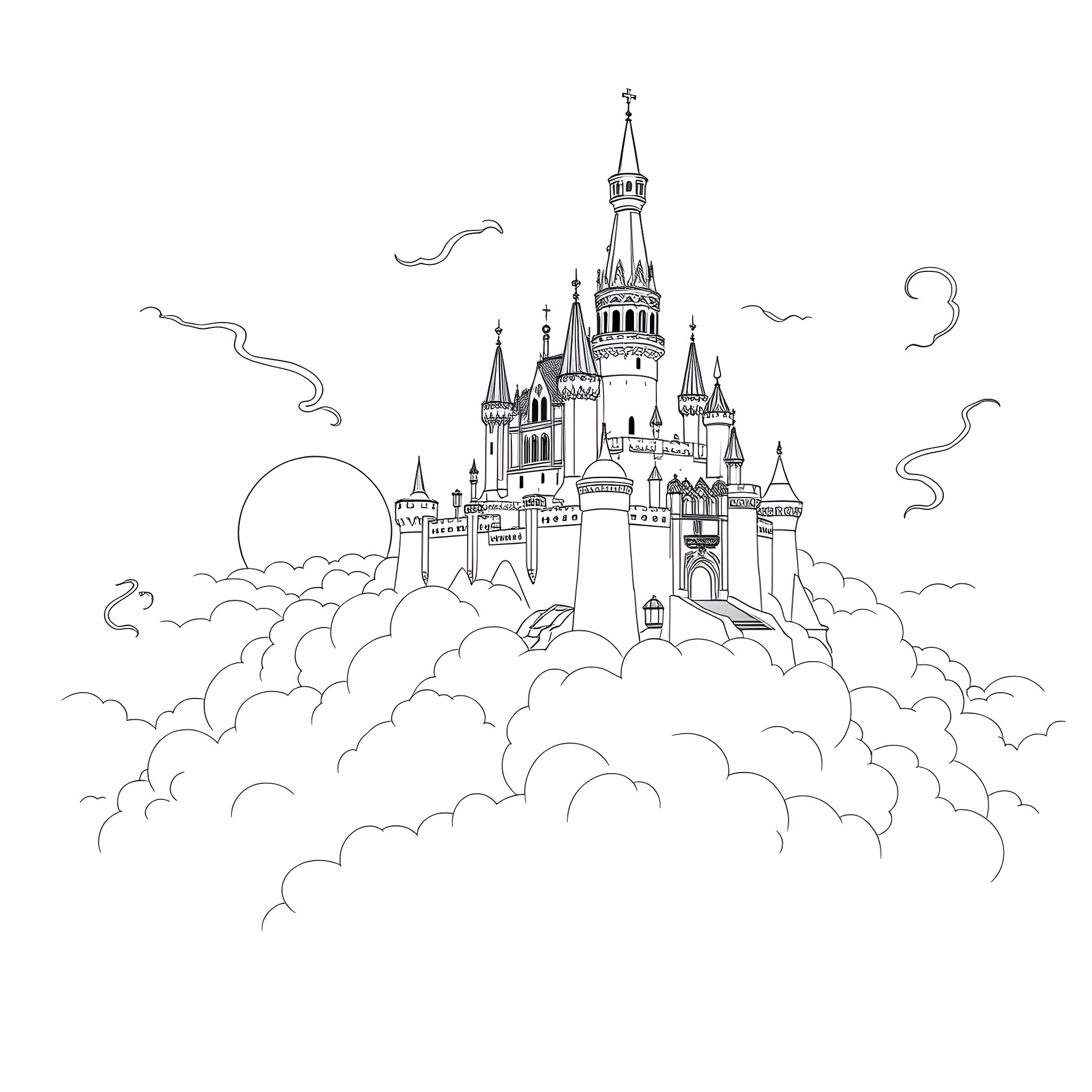 Castle in the clouds with whimsical scenery Coloring Page (free black-and-white line drawing printable PDF for all, from beginners to advanced learners, including children, teens, adults, and seniors)