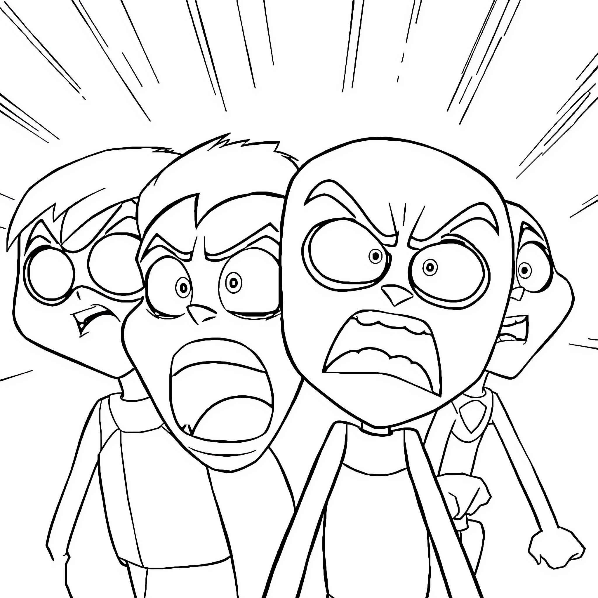 Teen Titans Expressing Intense Emotions Coloring Page (free black-and-white line drawing printable PDF for all, from beginners to advanced learners, including children, teens, adults, and seniors)