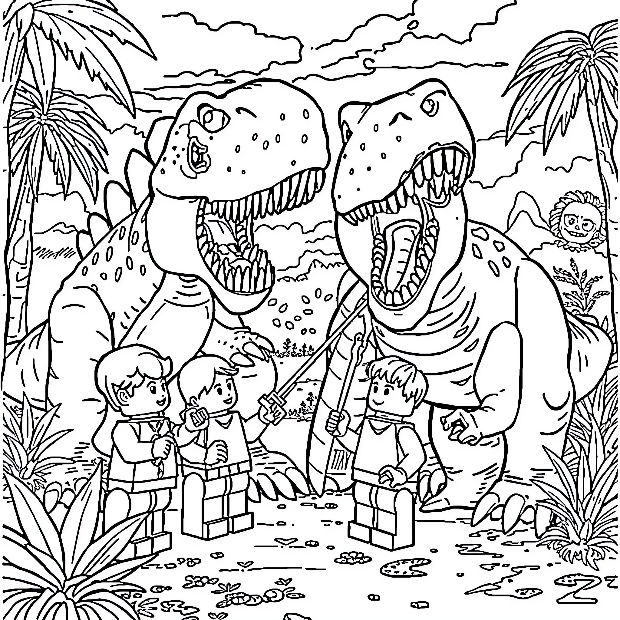 Lego Figures Exploring Jurassic Dinosaur World Coloring Page (free black-and-white line drawing printable PDF for all, from beginners to advanced learners, including children, teens, adults, and seniors)