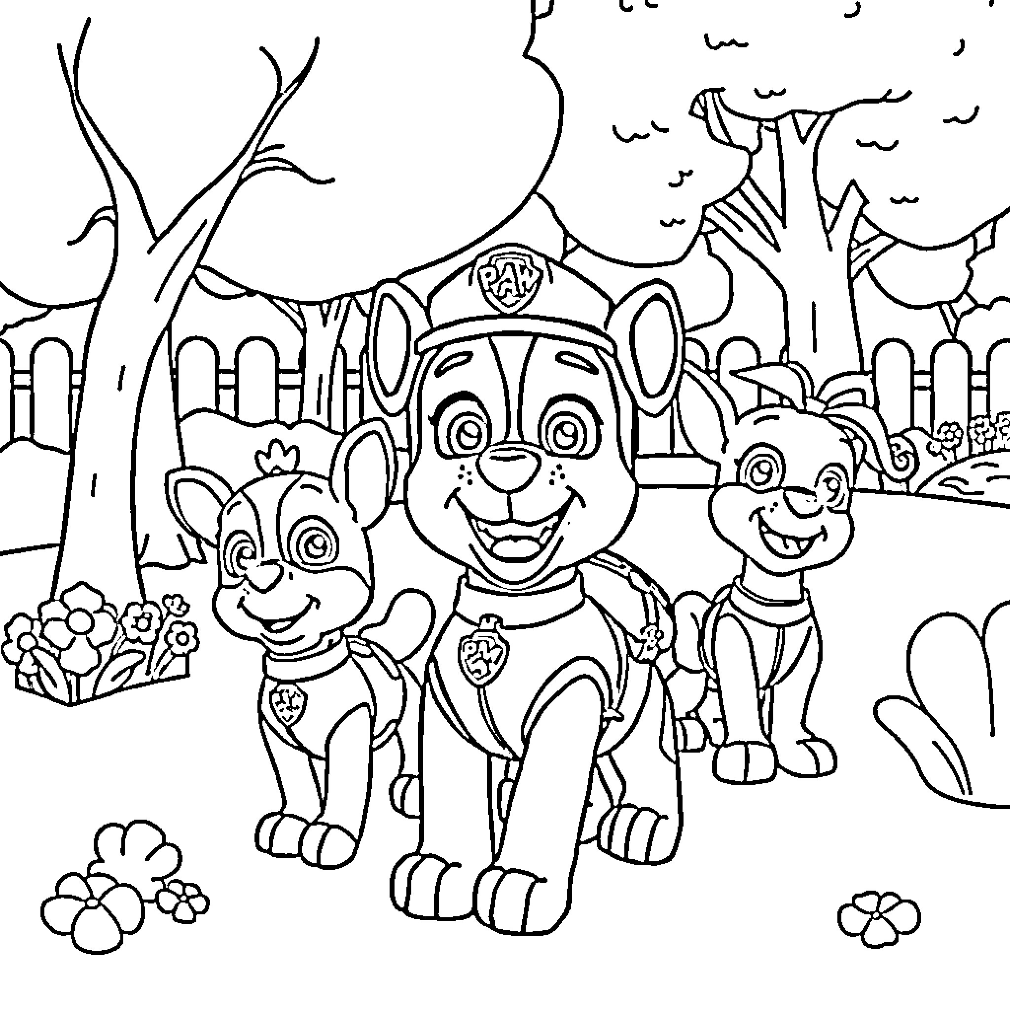 Marshall and Paw Patrol Team's Fun Adventure Coloring Page (free black-and-white line drawing printable PDF for all, from beginners to advanced learners, including children, teens, adults, and seniors)