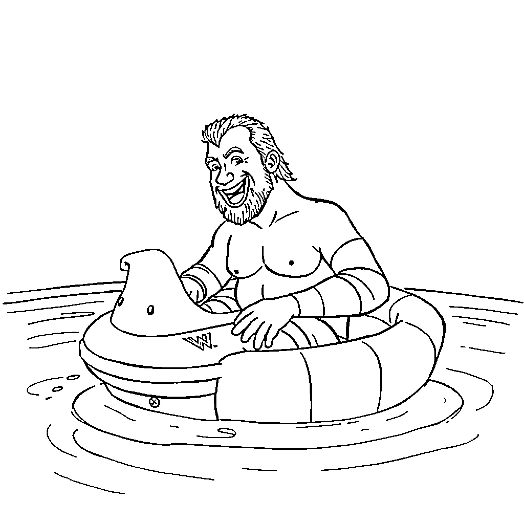 Bret Hart relaxing in inflatable pool Coloring Page (free black-and-white line drawing printable PDF for all, from beginners to advanced learners, including children, teens, adults, and seniors)