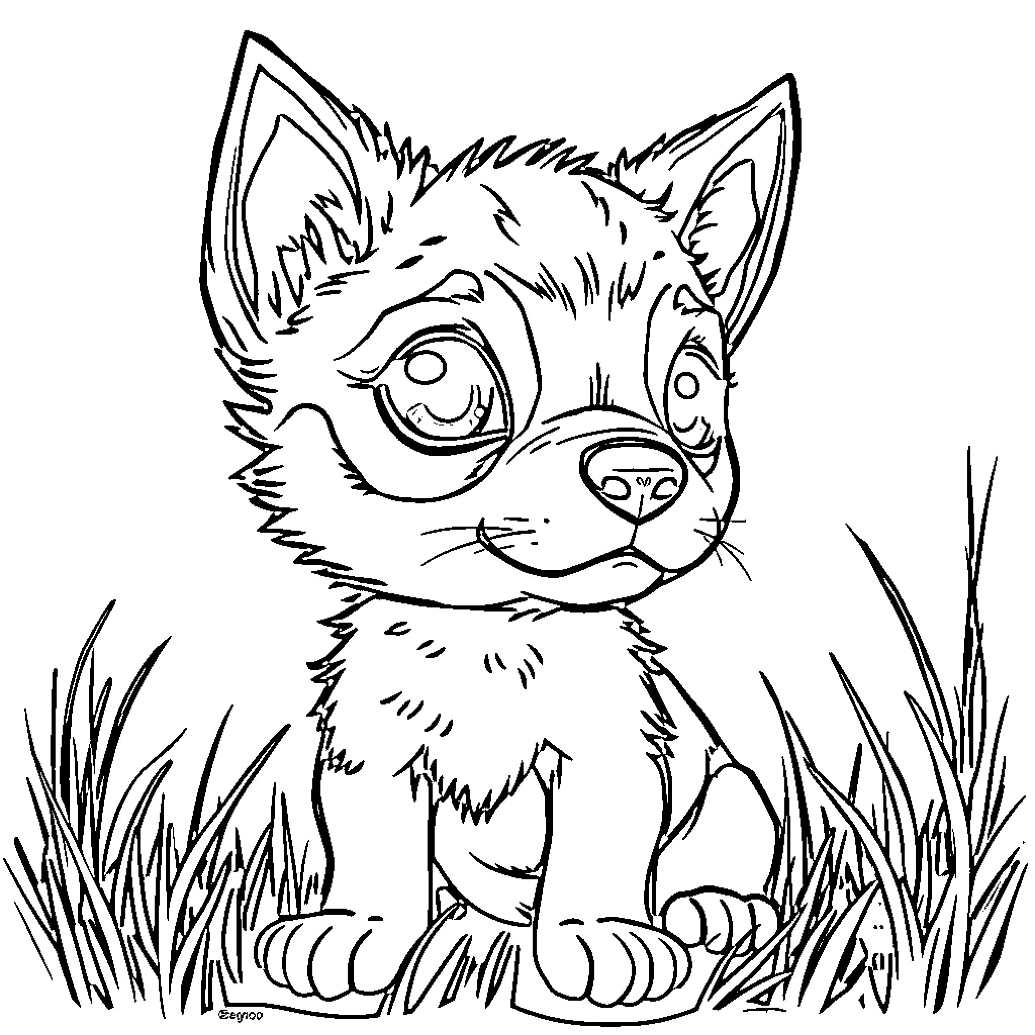 Dog sitting in the grass Coloring Page (free black-and-white line drawing printable PDF for all, from beginners to advanced learners, including children, teens, adults, and seniors)