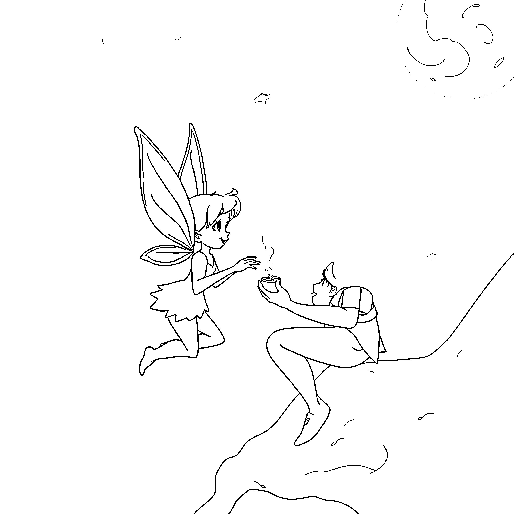 Tinkerbell flying and interacting with child Coloring Page (free black-and-white line drawing printable PDF for all, from beginners to advanced learners, including children, teens, adults, and seniors)