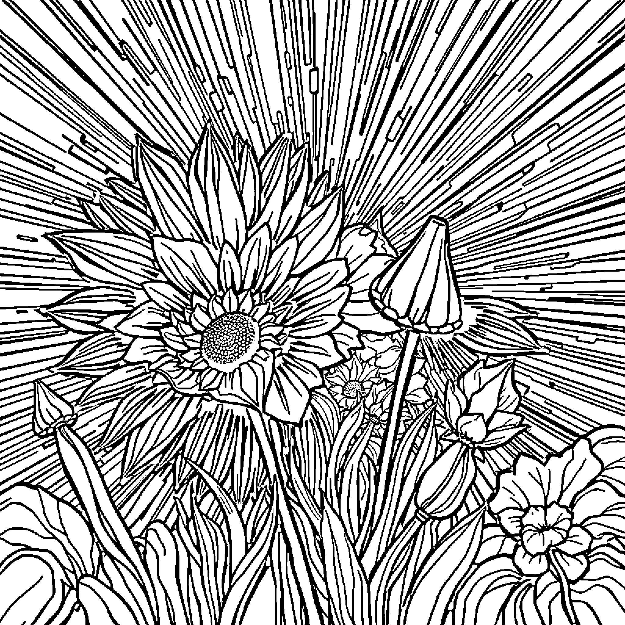 Project Detailed Floral Garden Scene Coloring Page (free black-and-white line drawing printable PDF for all, from beginners to advanced learners, including children, teens, adults, and seniors)