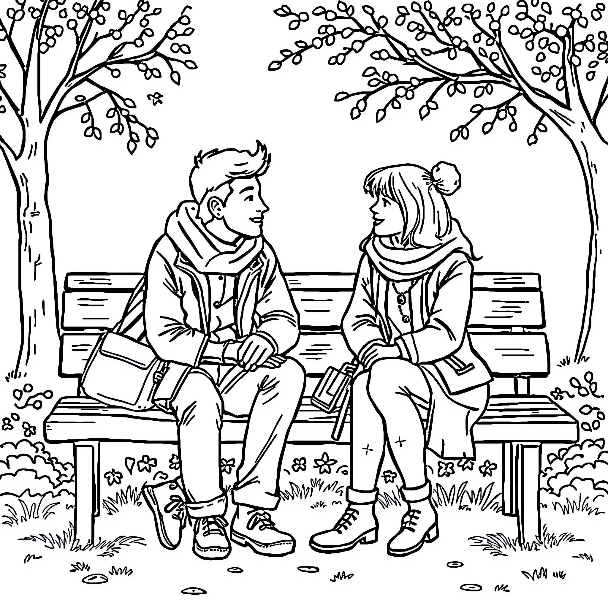 Chat on a park bench in the autumn Coloring Page (free black-and-white line drawing printable PDF for all, from beginners to advanced learners, including children, teens, adults, and seniors)
