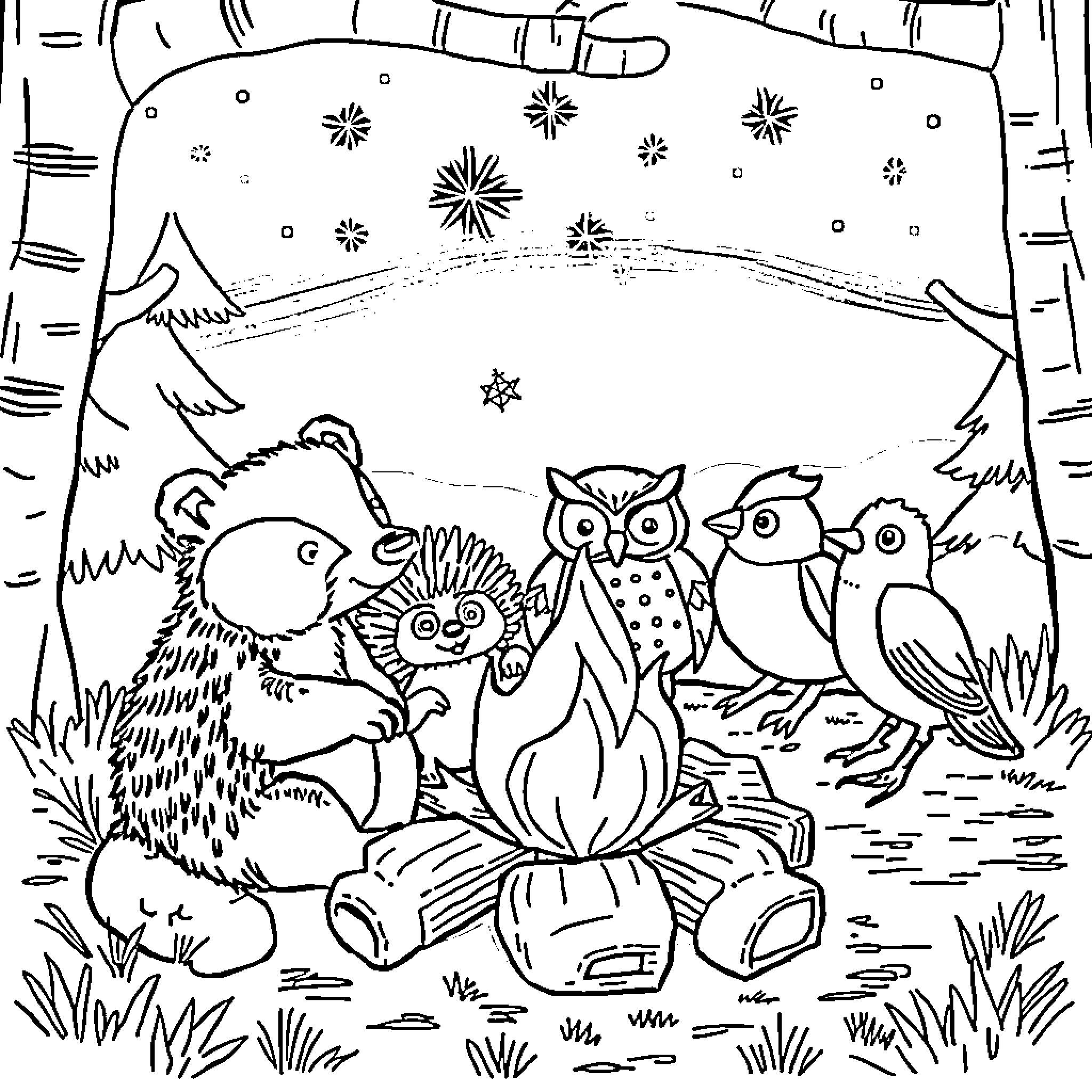 Badger and Woodland Creatures in Snowy Night Scene Coloring Page (free black-and-white line drawing printable PDF for all, from beginners to advanced learners, including children, teens, adults, and seniors)