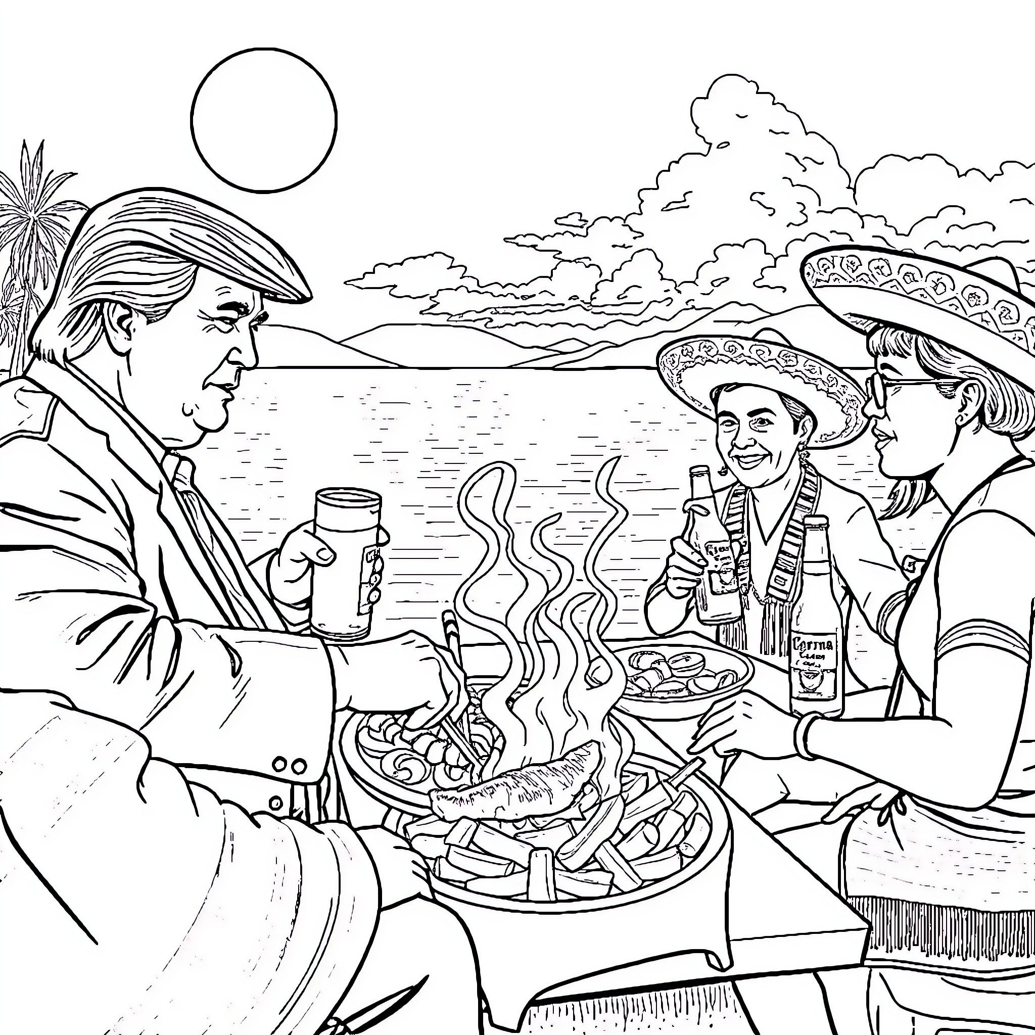 Donald Trump enjoying Mexican cuisine with friends in the sun Coloring Page (free black-and-white line drawing printable PDF for all, from beginners to advanced learners, including children, teens, adults, and seniors)