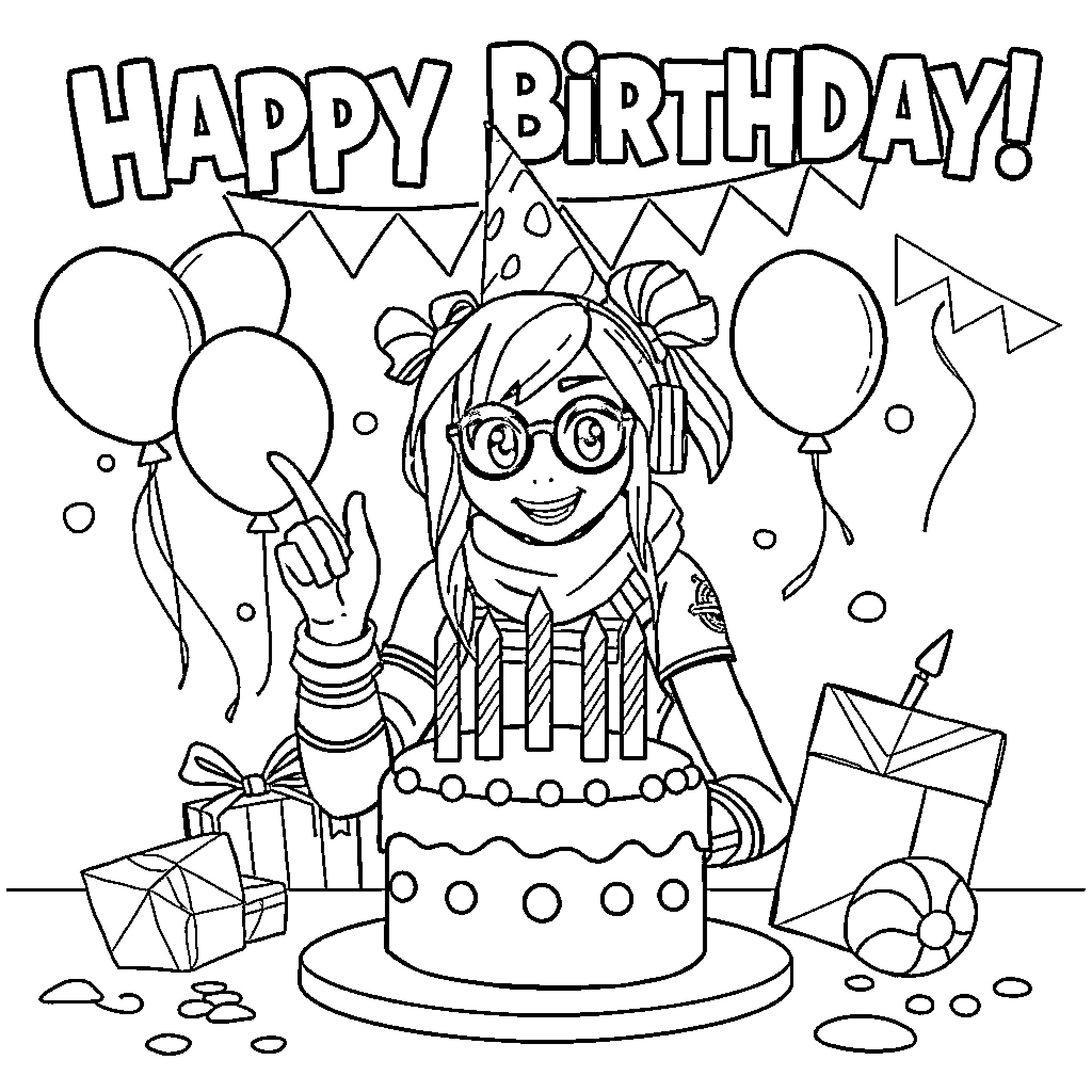 Fortnite Character Celebrates Happy Birthday Coloring Page (free black-and-white line drawing printable PDF for all, from beginners to advanced learners, including children, teens, adults, and seniors)