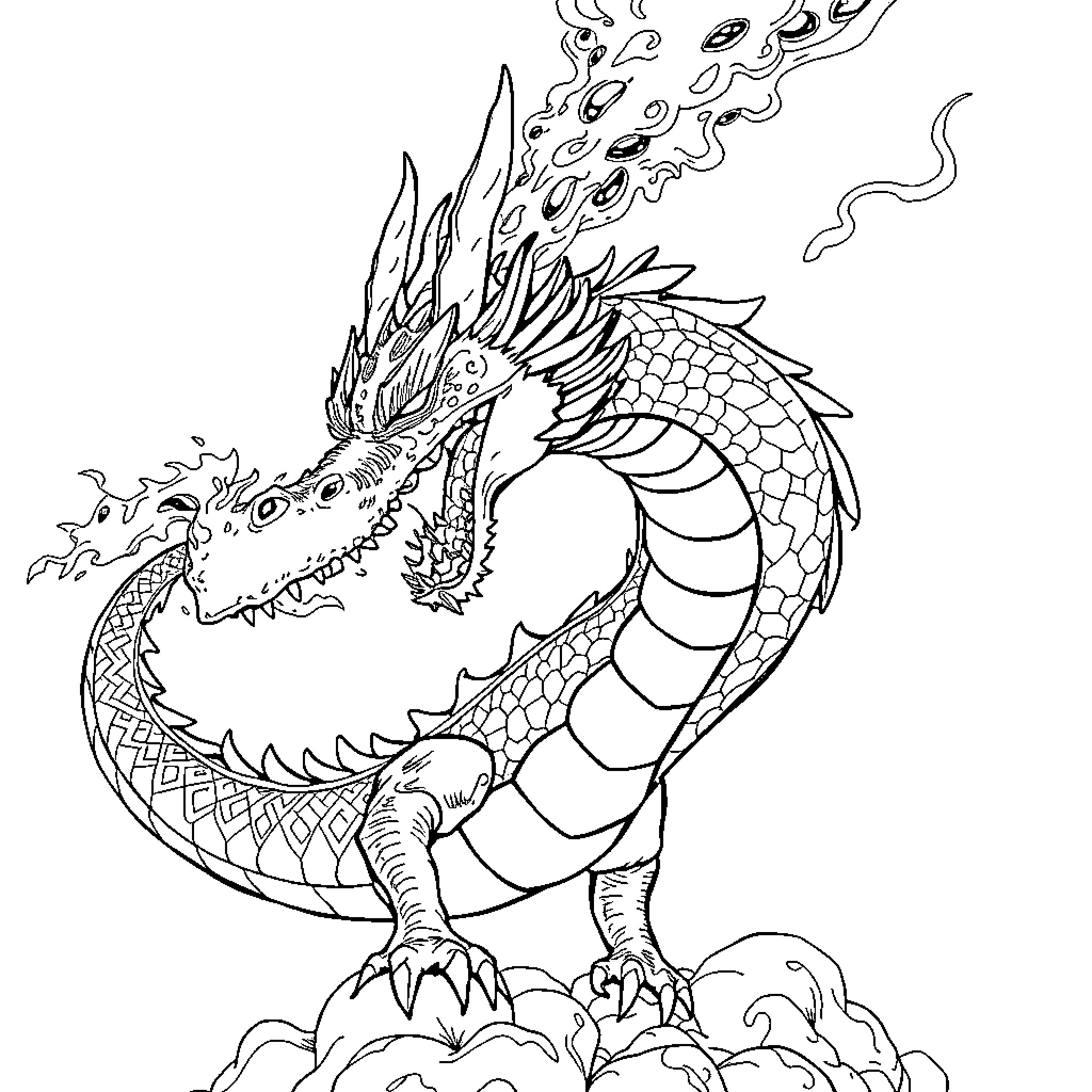 Dragon unleashing powerful fire breath Coloring Page (free black-and-white line drawing printable PDF for all, from beginners to advanced learners, including children, teens, adults, and seniors)