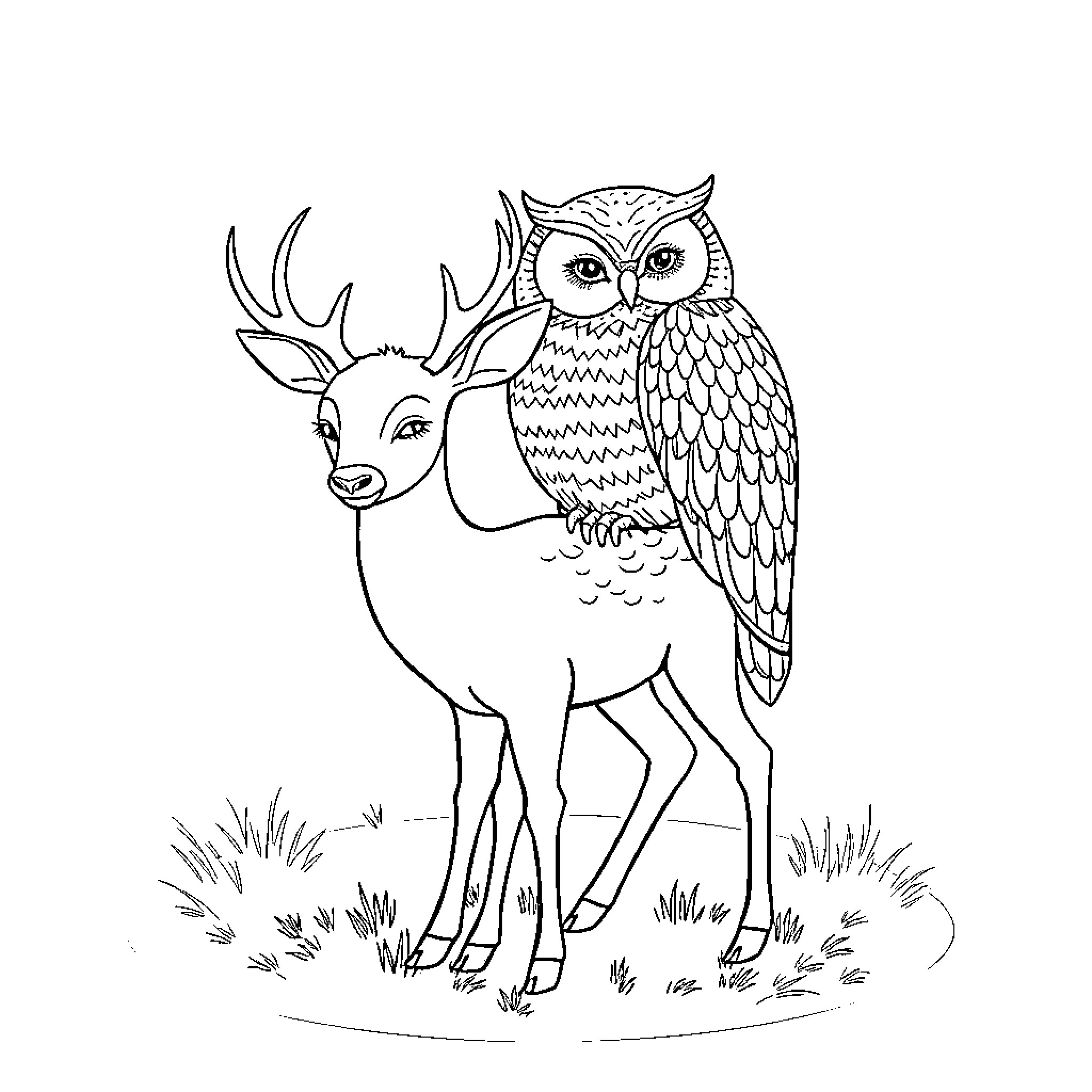 Deer and Owl Coexisting in Nature Coloring Page (free black-and-white line drawing printable PDF for all, from beginners to advanced learners, including children, teens, adults, and seniors)