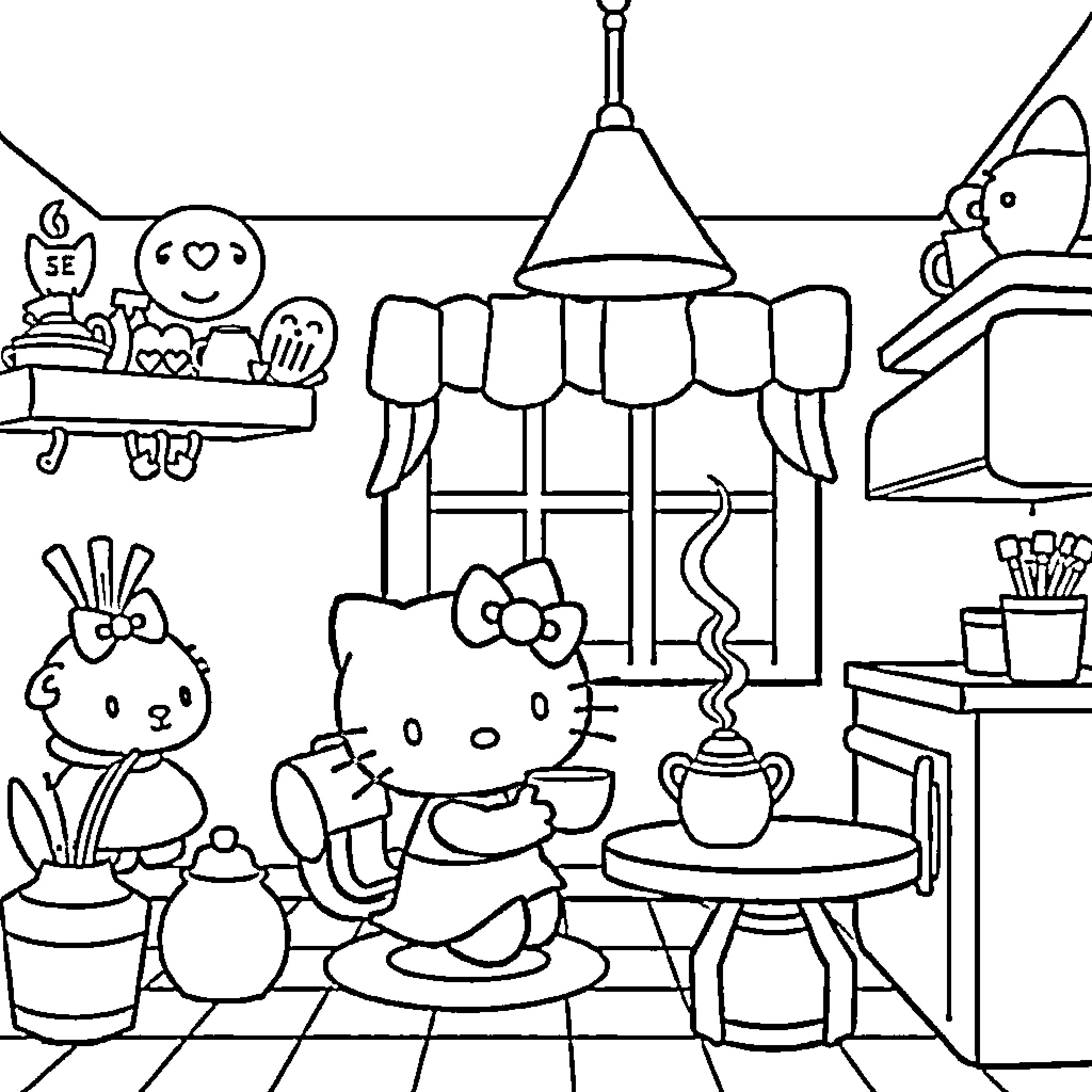 Hello Kitty enjoying a cozy kitchen scene Coloring Page (free black-and-white line drawing printable PDF for all, from beginners to advanced learners, including children, teens, adults, and seniors)