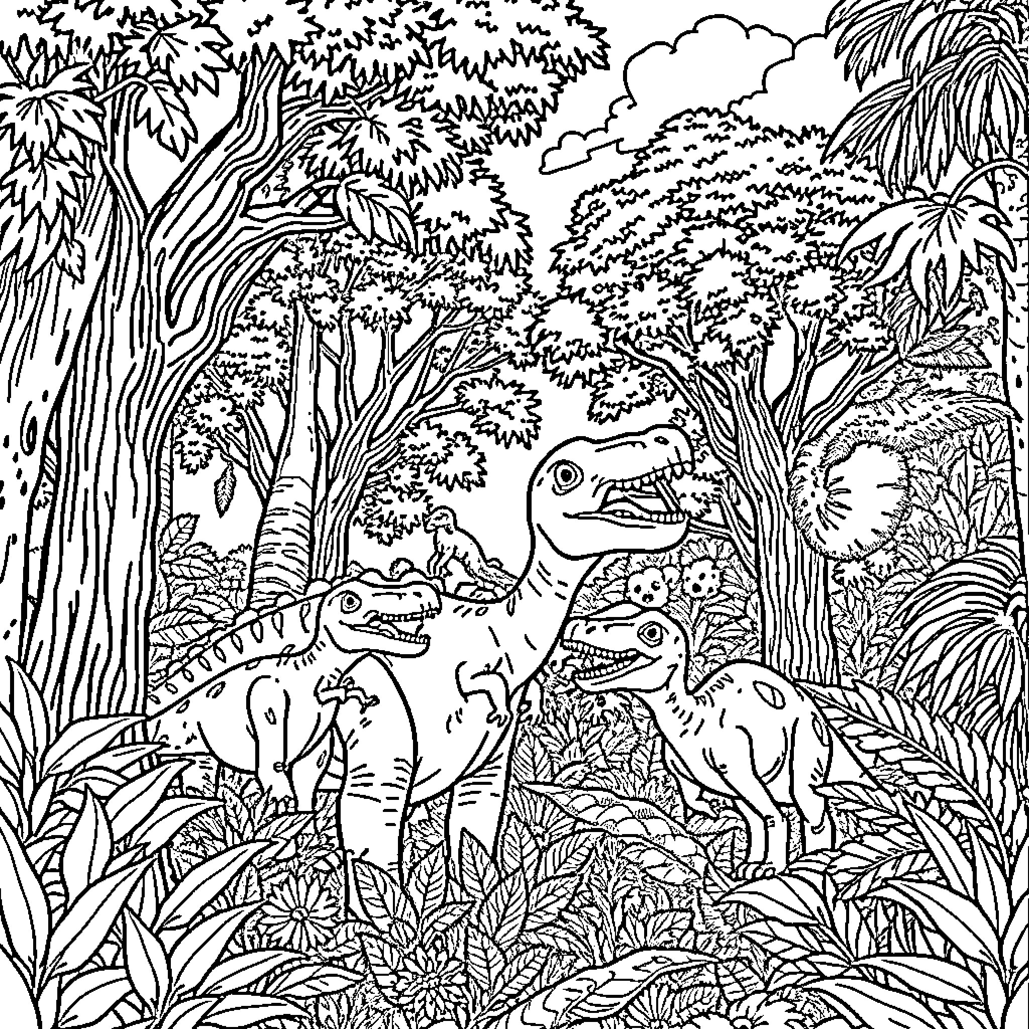 Dinosaurs exploring the dense tropical jungle Coloring Page (free black-and-white line drawing printable PDF for all, from beginners to advanced learners, including children, teens, adults, and seniors)