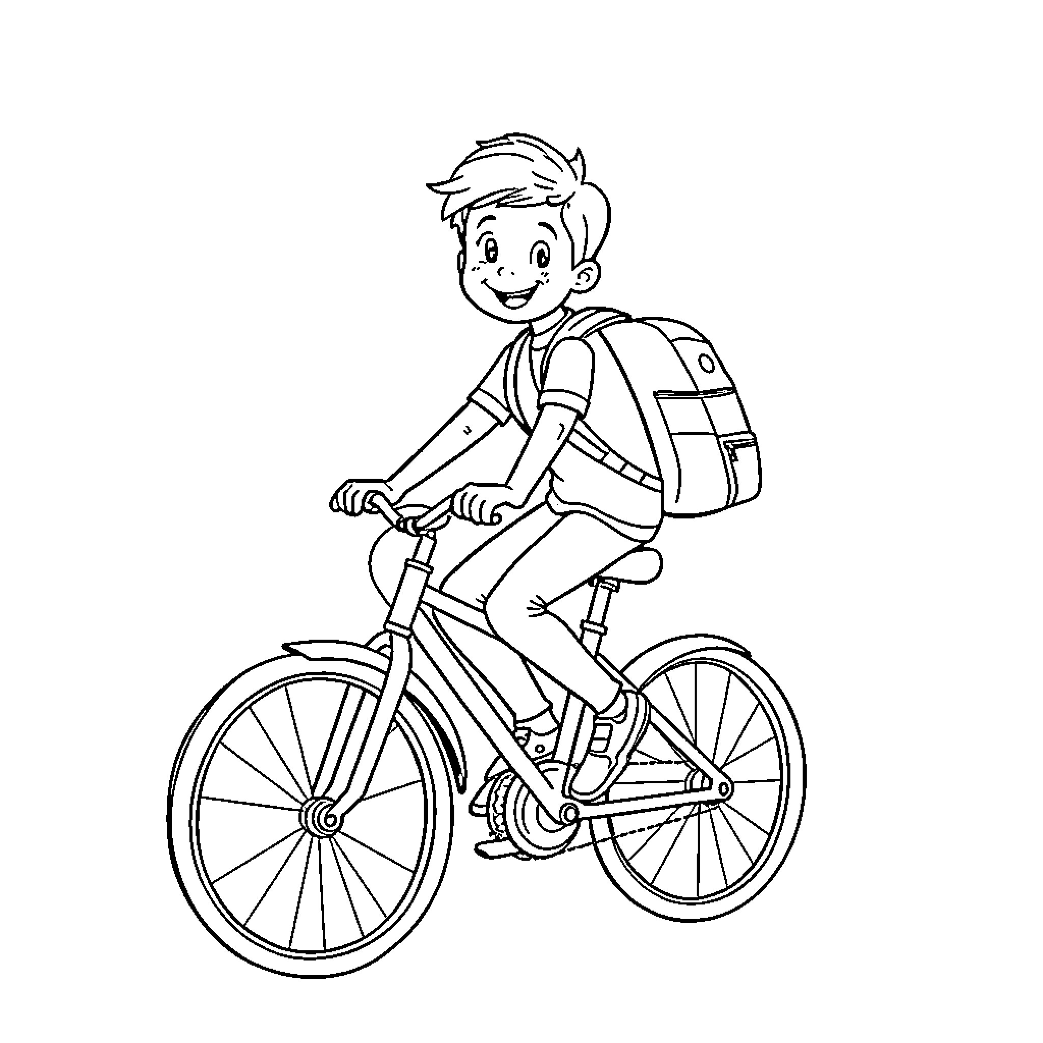 Kid riding a bicycle with backpack Coloring Page (free black-and-white line drawing printable PDF for all, from beginners to advanced learners, including children, teens, adults, and seniors)