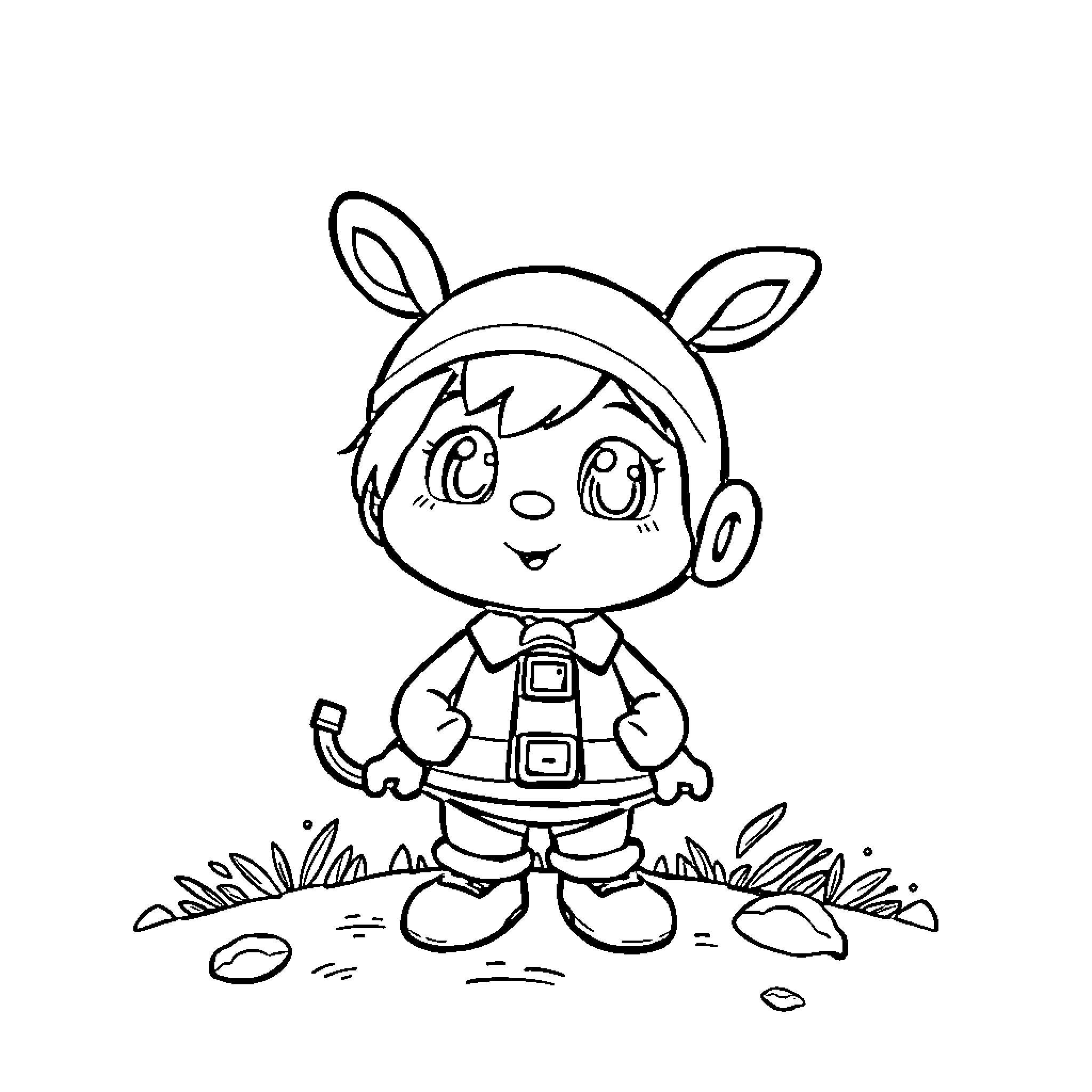 Minie playing cheerfully in nature Coloring Page (free black-and-white line drawing printable PDF for all, from beginners to advanced learners, including children, teens, adults, and seniors)