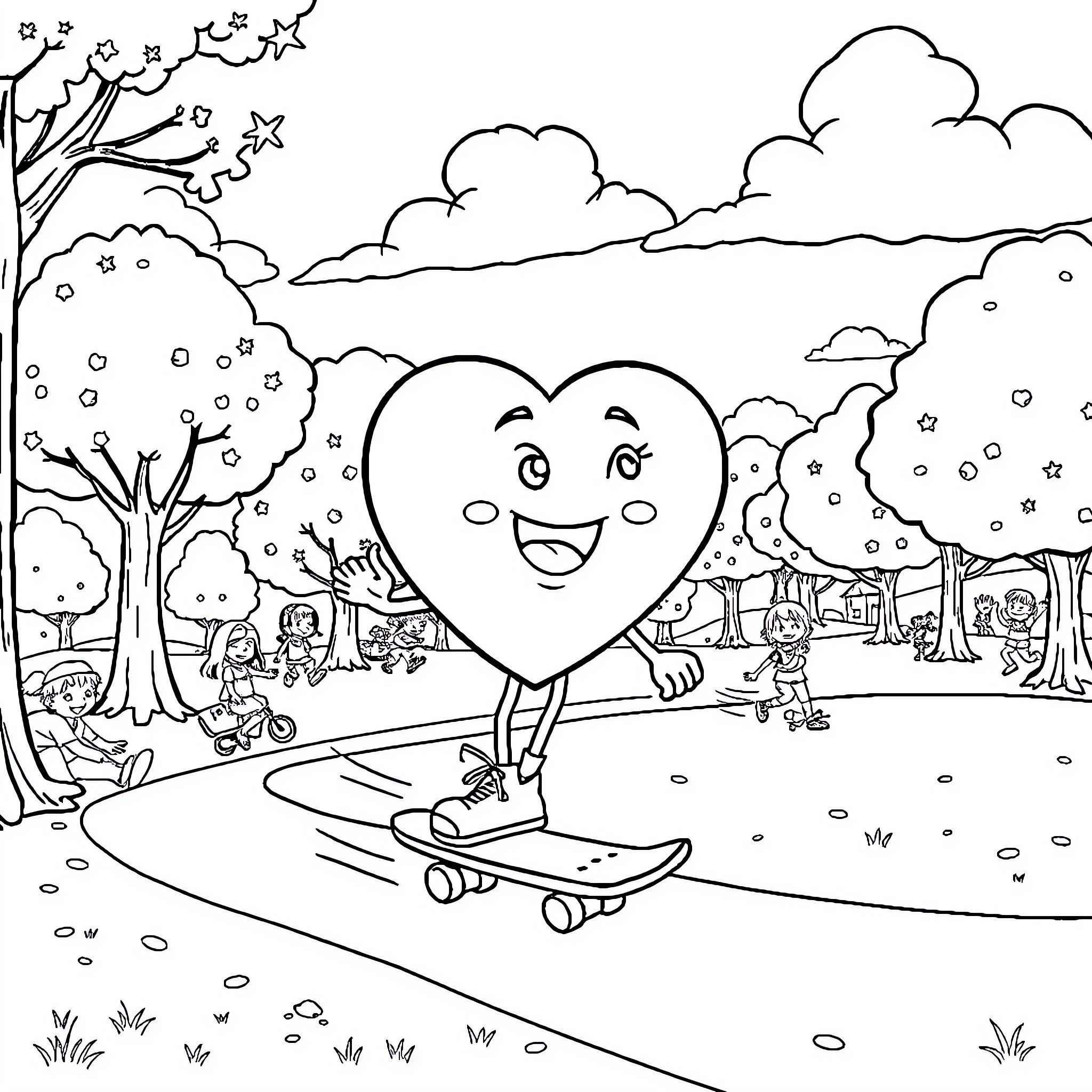 Heart enjoying outdoor activities with friends Coloring Page (free black-and-white line drawing printable PDF for all, from beginners to advanced learners, including children, teens, adults, and seniors)