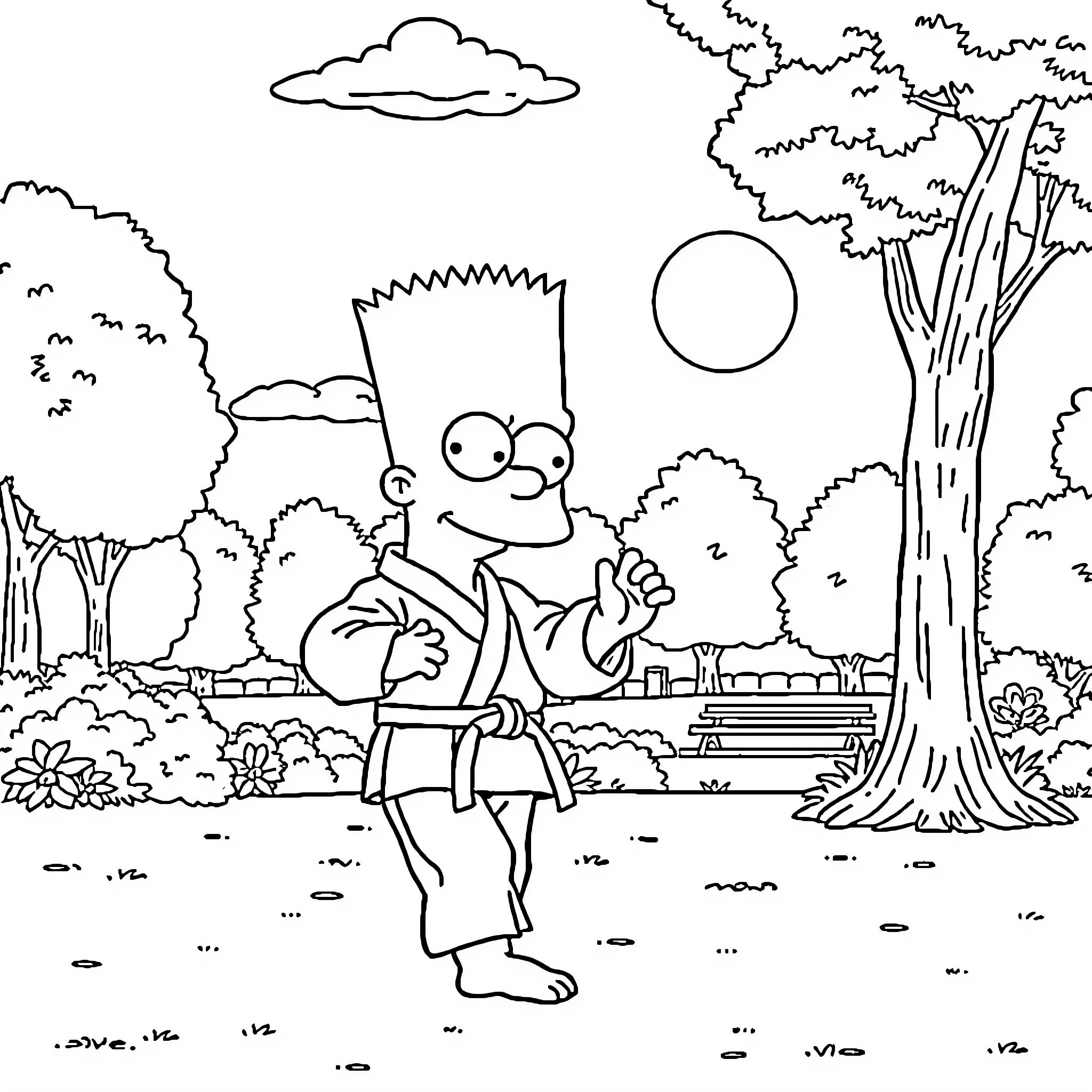 Bart Simpson enjoying a sunny day in the park Coloring Page (free black-and-white line drawing printable PDF for all, from beginners to advanced learners, including children, teens, adults, and seniors)
