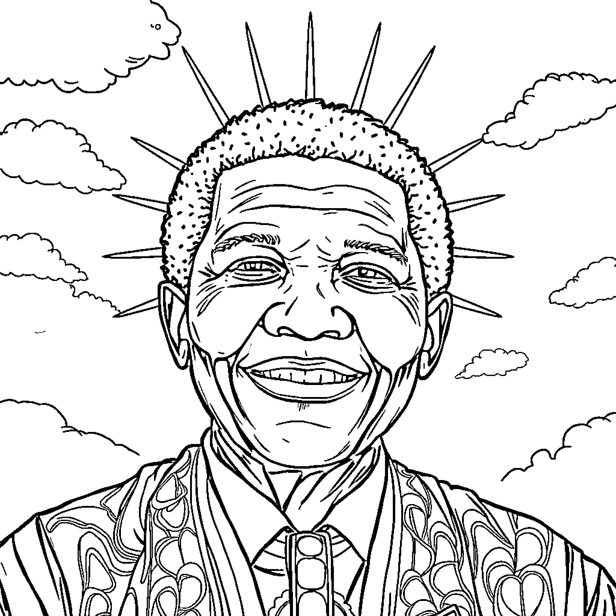 Mandala of a Smiling Man in Ornate Robes Coloring Page (free black-and-white line drawing printable PDF for all, from beginners to advanced learners, including children, teens, adults, and seniors)