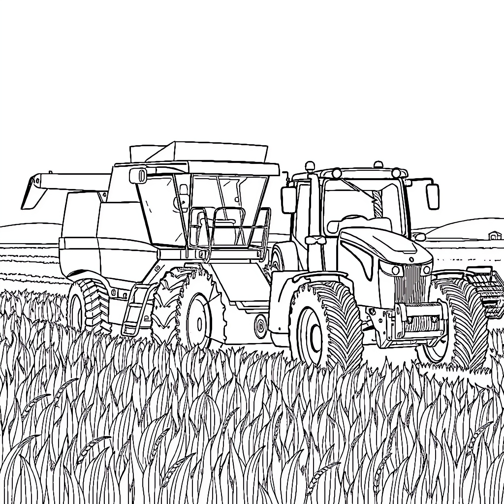 Tractor harvesting crops in the field Coloring Page (free black-and-white line drawing printable PDF for all, from beginners to advanced learners, including children, teens, adults, and seniors)