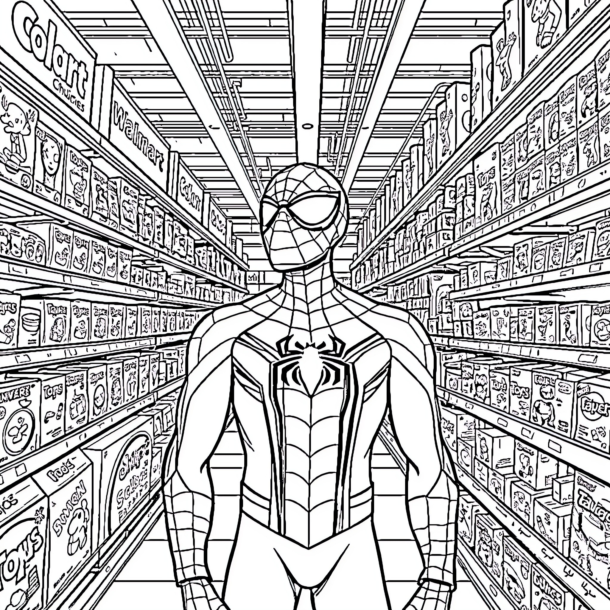 Spider-Man exploring a vibrant comic book store Coloring Page (free black-and-white line drawing printable PDF for all, from beginners to advanced learners, including children, teens, adults, and seniors)