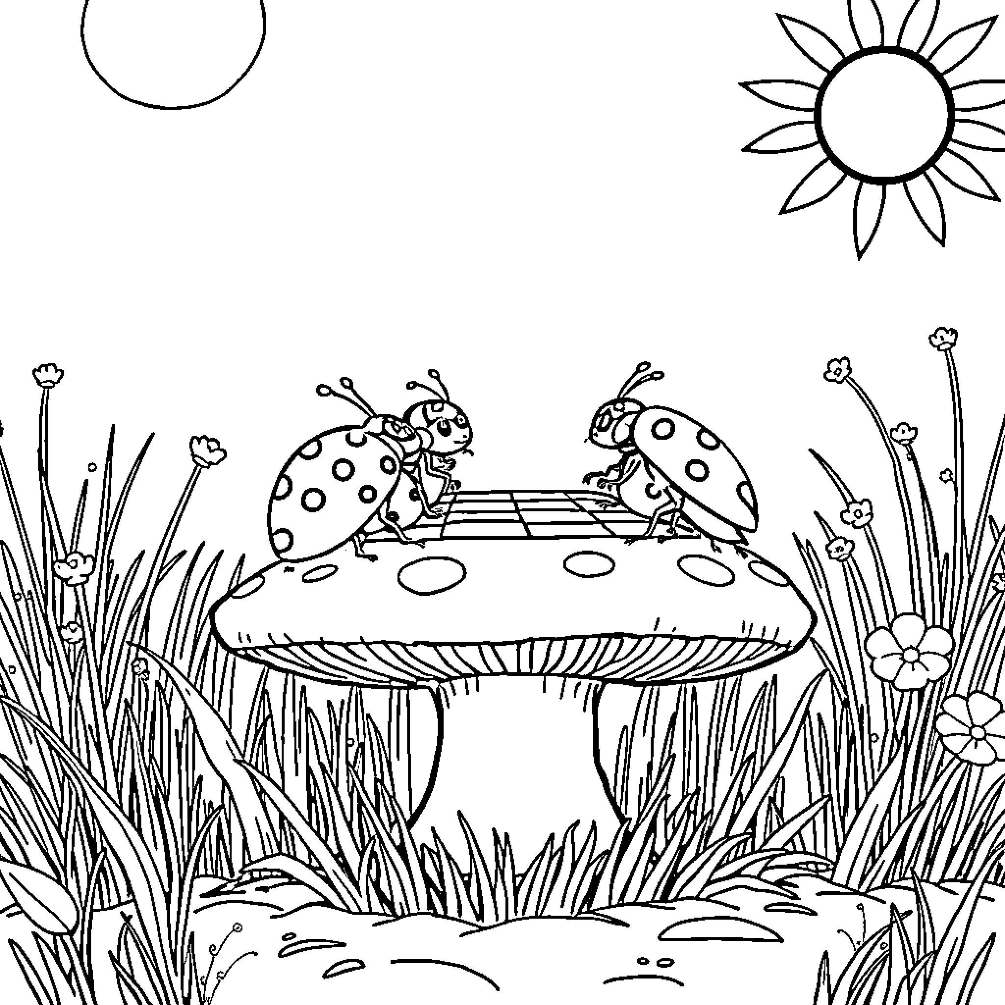 Ladybird exploring a mushroom in a lush garden Coloring Page (free black-and-white line drawing printable PDF for all, from beginners to advanced learners, including children, teens, adults, and seniors)