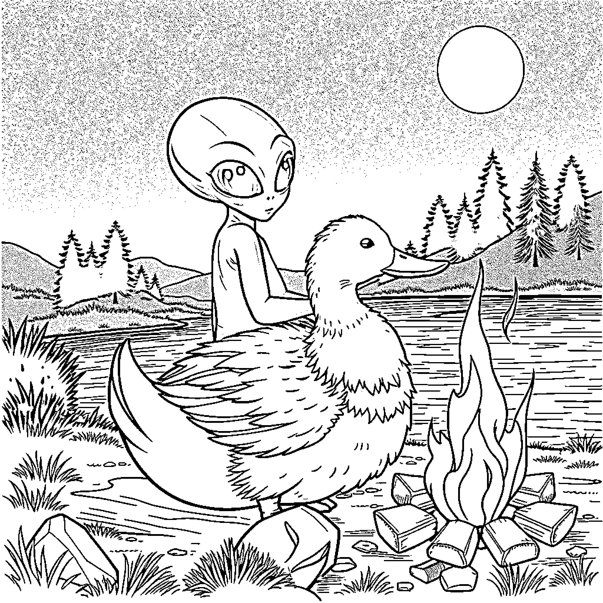 Alien befriends a friendly duck in a serene nature scene Coloring Page (free black-and-white line drawing printable PDF for all, from beginners to advanced learners, including children, teens, adults, and seniors)