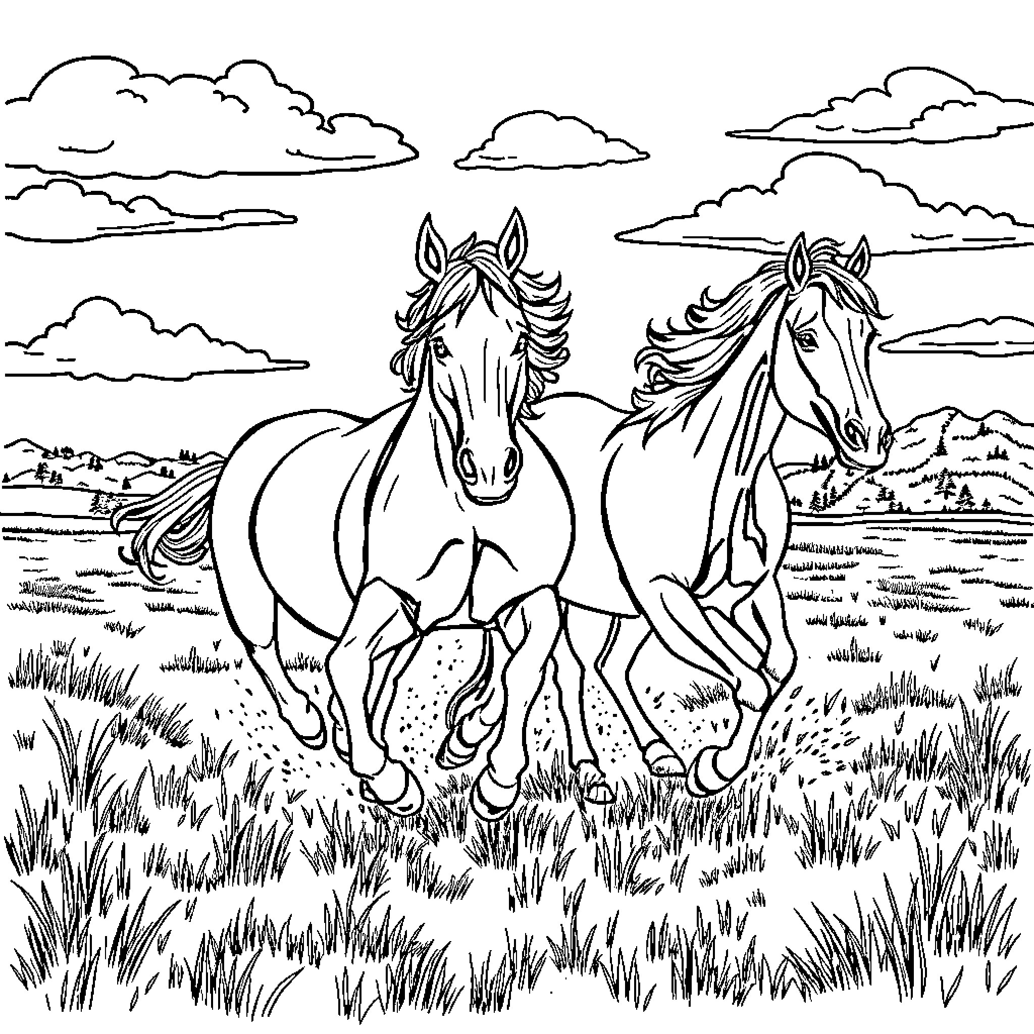 Horses running through the grassy field Coloring Page (free black-and-white line drawing printable PDF for all, from beginners to advanced learners, including children, teens, adults, and seniors)