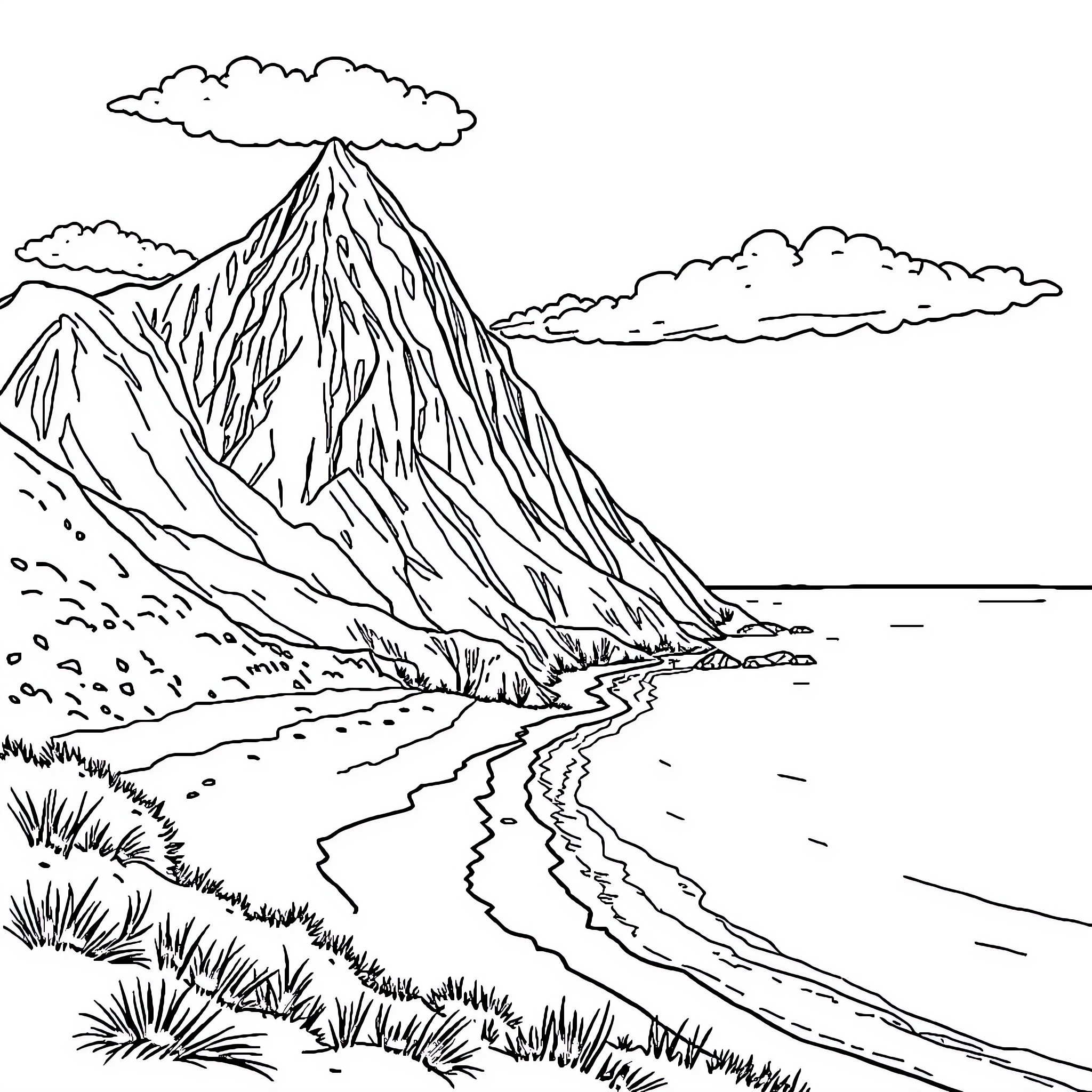Gunung Majestic Mountain Landscape Illustration Coloring Page (free black-and-white line drawing printable PDF for all, from beginners to advanced learners, including children, teens, adults, and seniors)