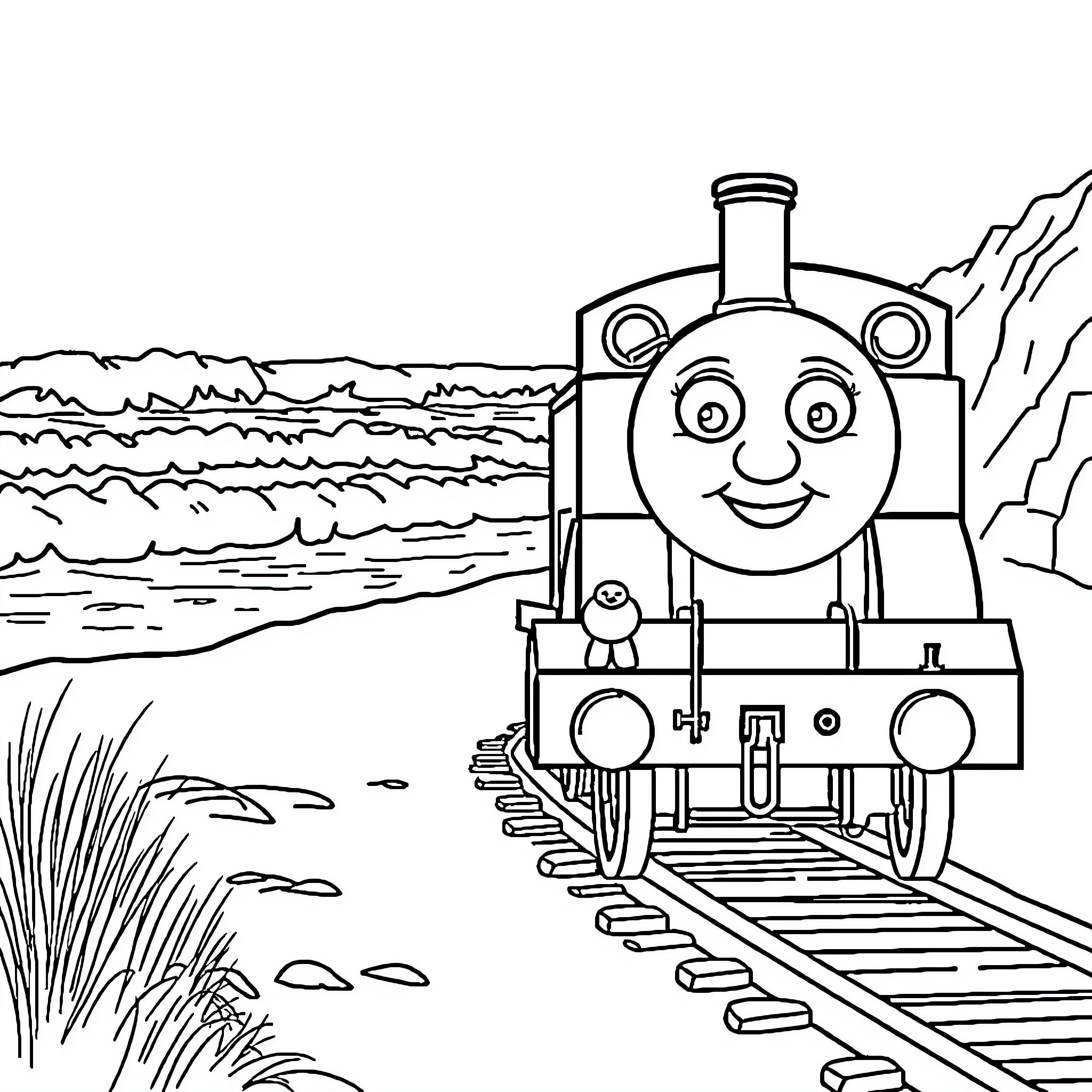 Thomas the Train's Joyful Journey on the Tracks Coloring Page (free black-and-white line drawing printable PDF for all, from beginners to advanced learners, including children, teens, adults, and seniors)