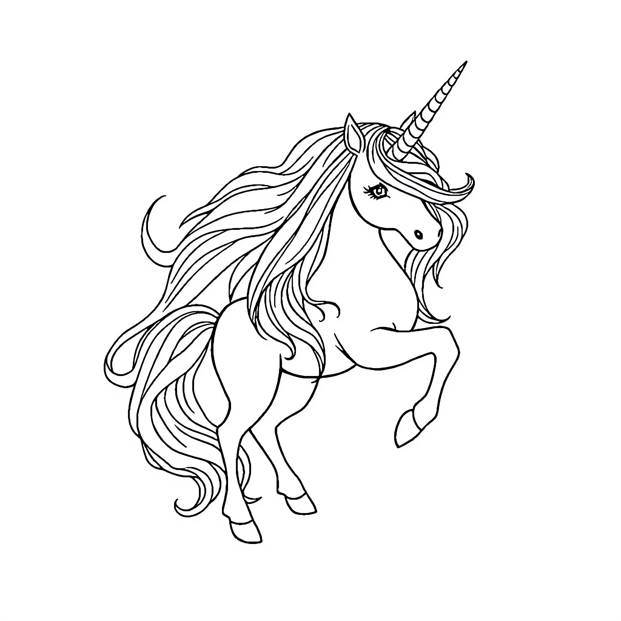 Unicorn prancing gracefully on a white background Coloring Page (free black-and-white line drawing printable PDF for all, from beginners to advanced learners, including children, teens, adults, and seniors)
