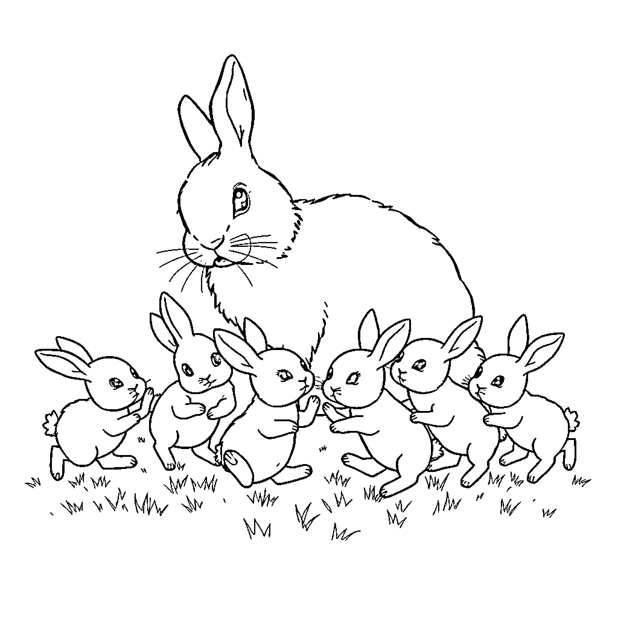 Rabbit family hopping joyfully in the field Coloring Page (free black-and-white line drawing printable PDF for all, from beginners to advanced learners, including children, teens, adults, and seniors)