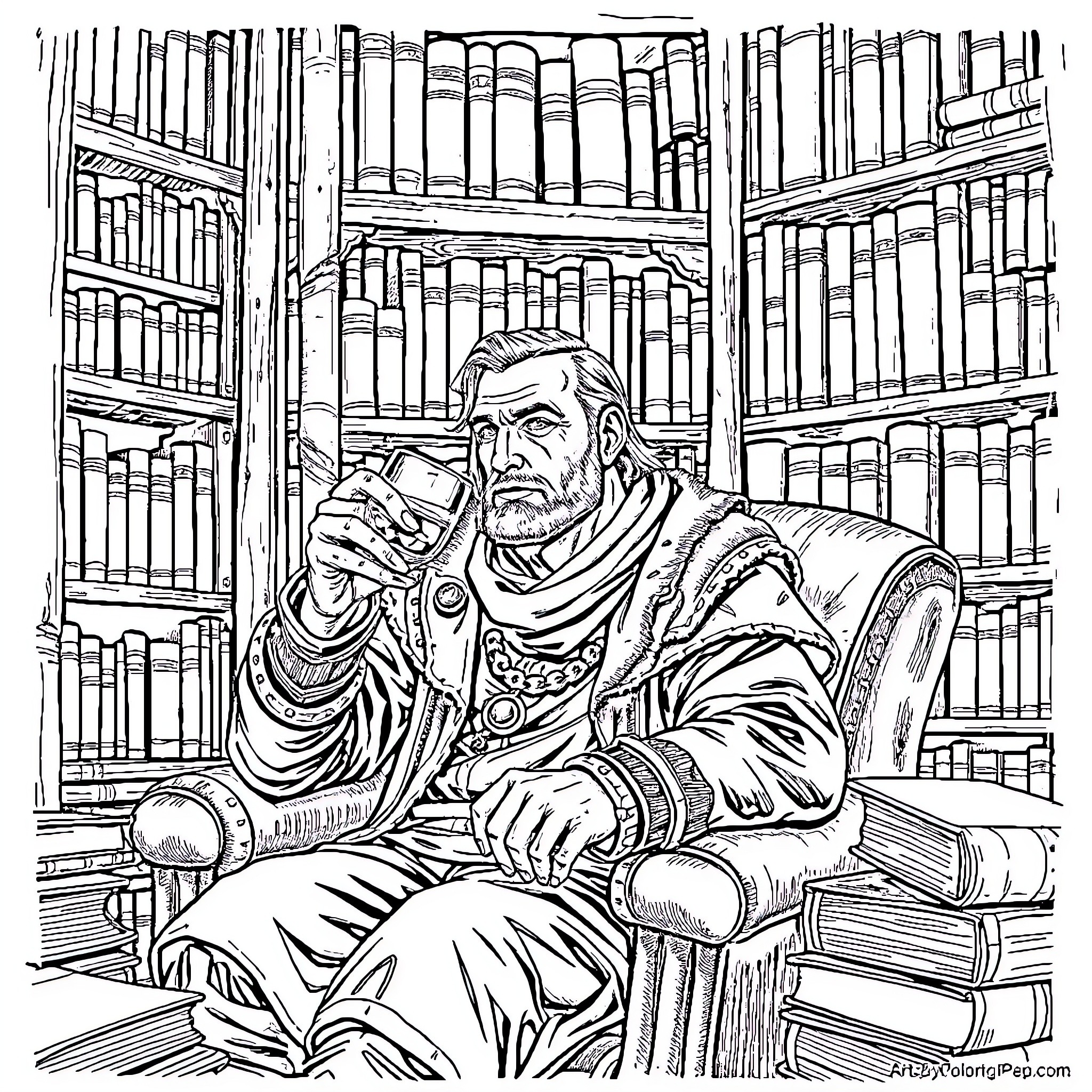 Gale in the Scholarly Library Coloring Page (free black-and-white line drawing printable PDF for all, from beginners to advanced learners, including children, teens, adults, and seniors)