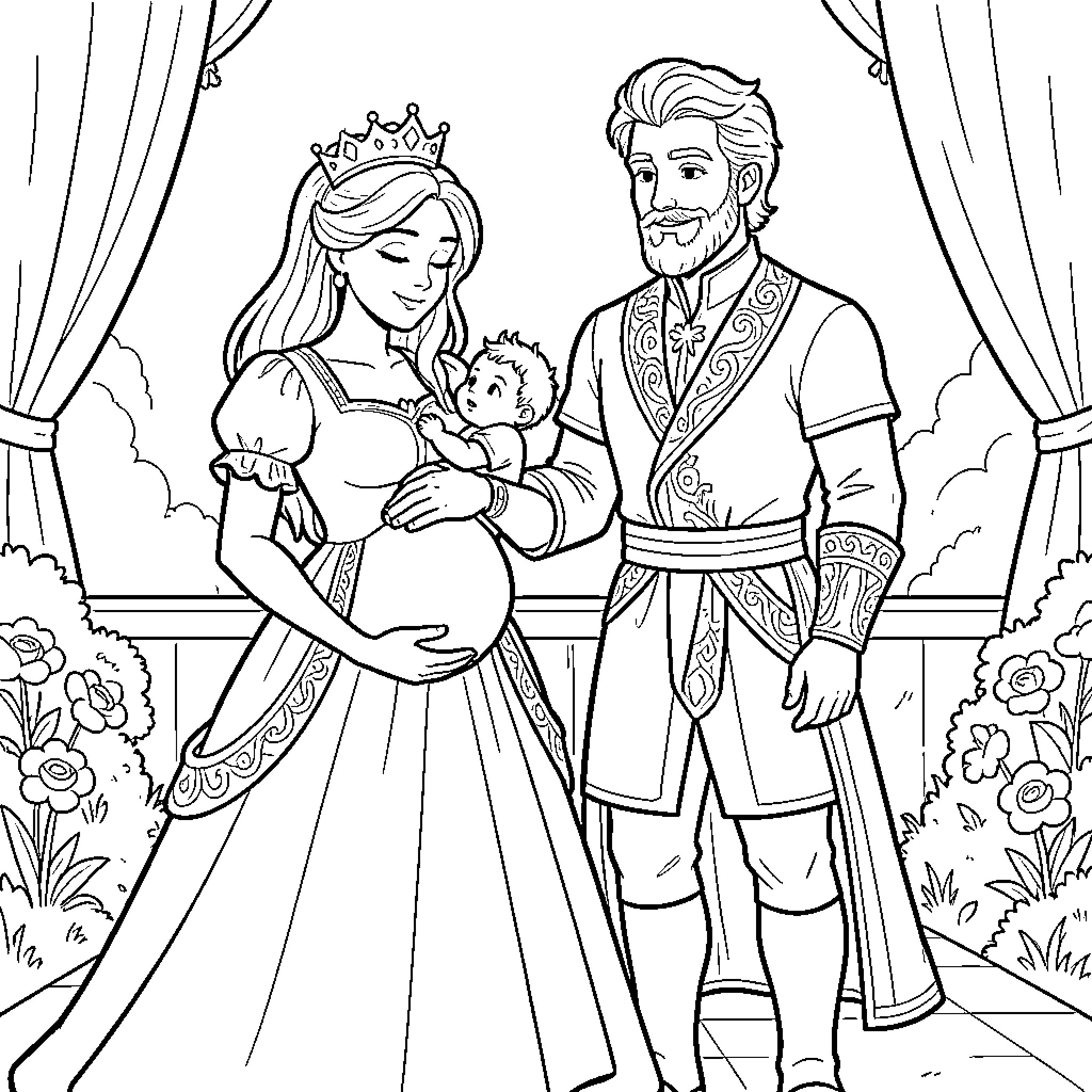 Princess and King with Their Newborn Child Coloring Page (free black-and-white line drawing printable PDF for all, from beginners to advanced learners, including children, teens, adults, and seniors)
