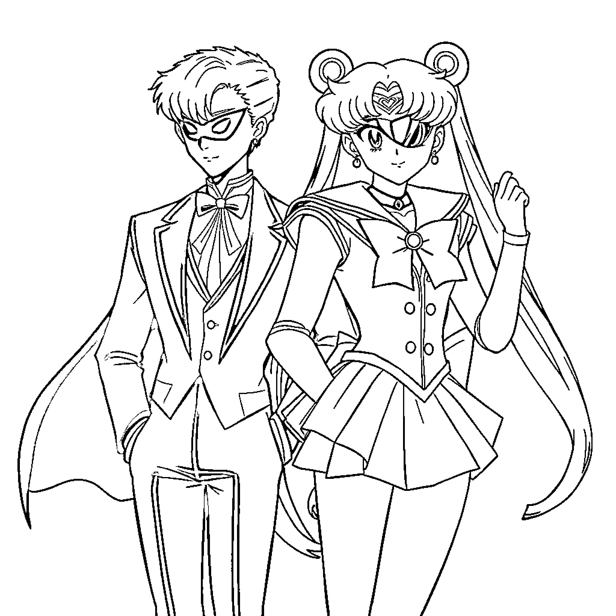 Sailor Moon and Tuxedo Mask in formal attire Coloring Page (free black-and-white line drawing printable PDF for all, from beginners to advanced learners, including children, teens, adults, and seniors)