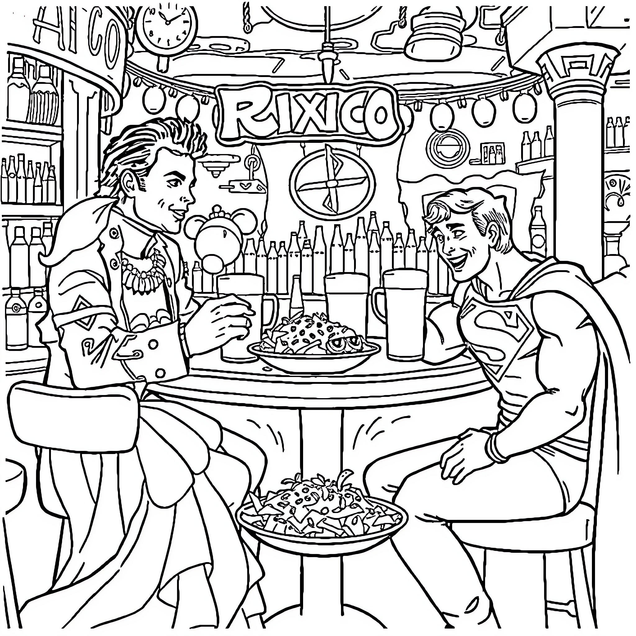 Michael Jackson Enjoying a Lively Diner with a Friend Coloring Page (free black-and-white line drawing printable PDF for all, from beginners to advanced learners, including children, teens, adults, and seniors)