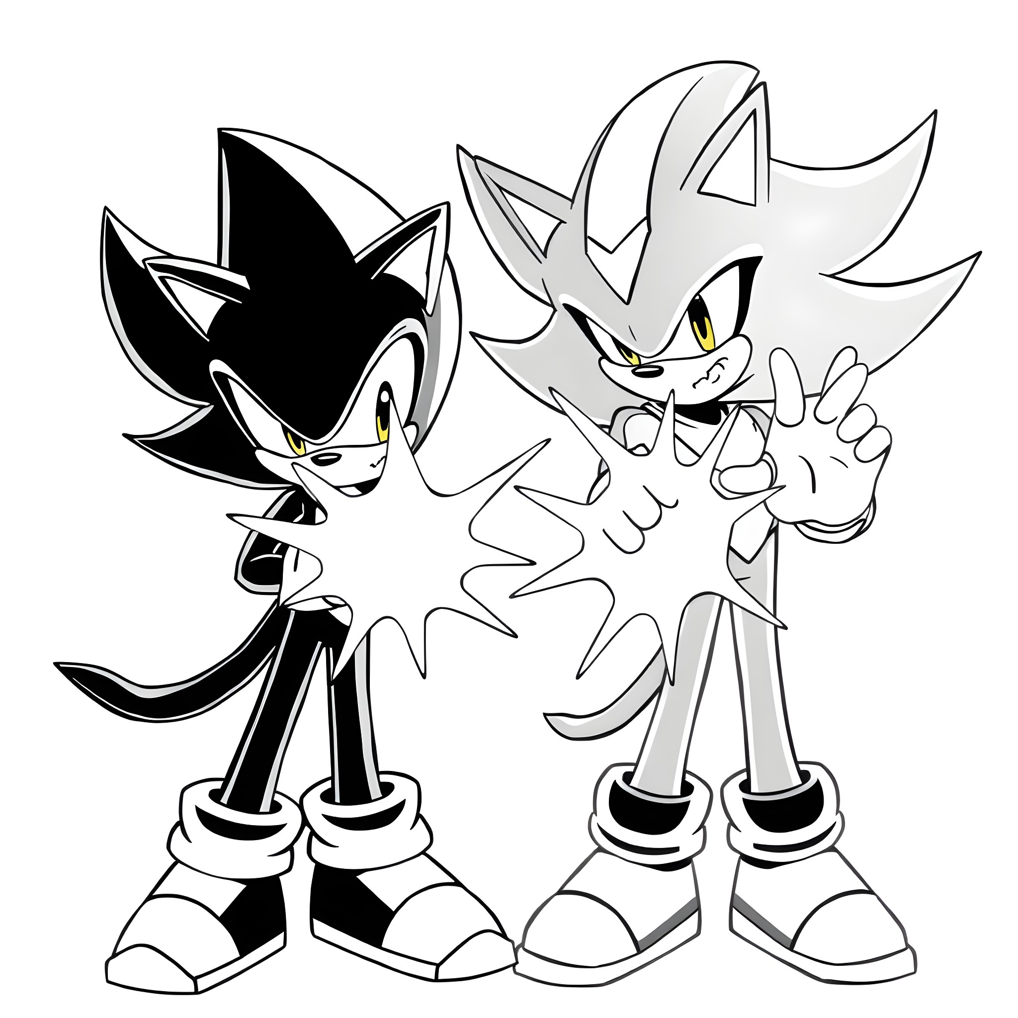 Sonic characters in energetic poses Coloring Page (free black-and-white line drawing printable PDF for all, from beginners to advanced learners, including children, teens, adults, and seniors)