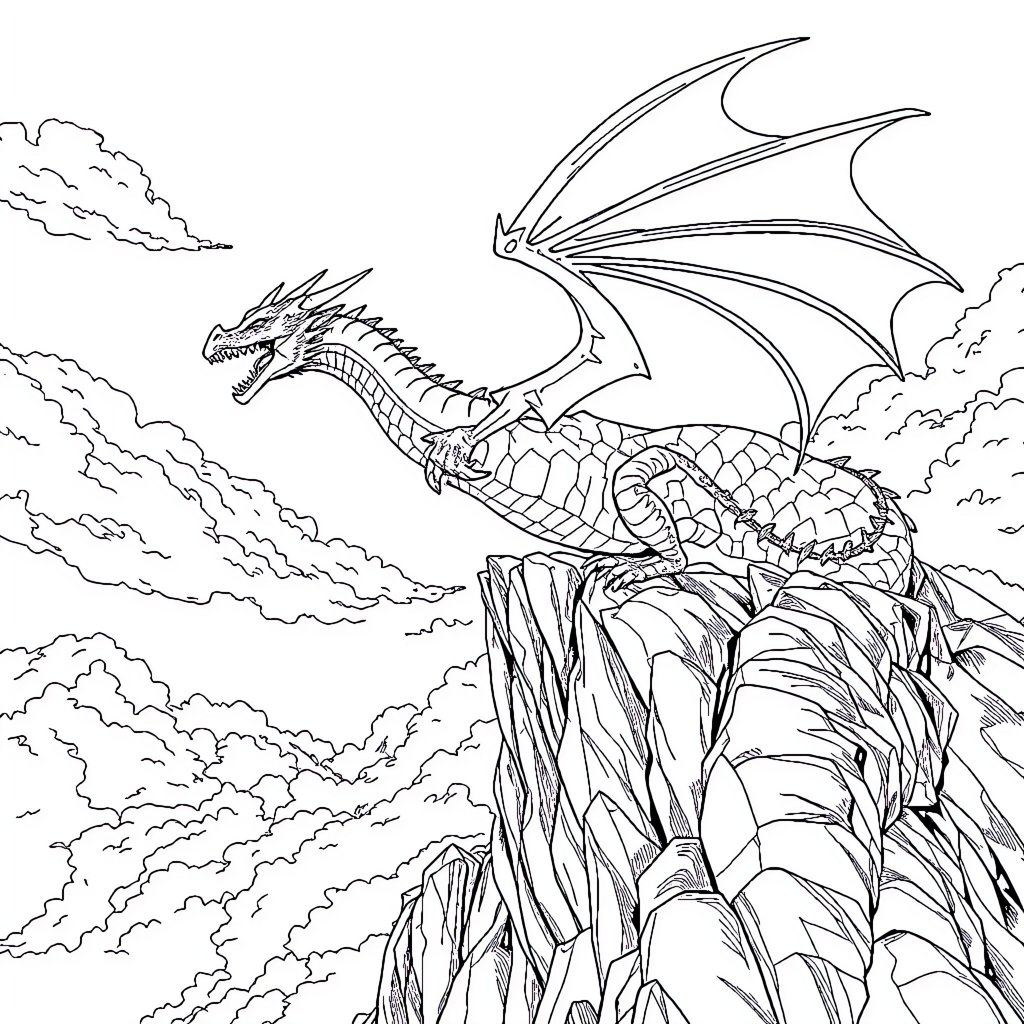 Dragon perched atop a rocky cliff surveying the skies Coloring Page (free black-and-white line drawing printable PDF for all, from beginners to advanced learners, including children, teens, adults, and seniors)