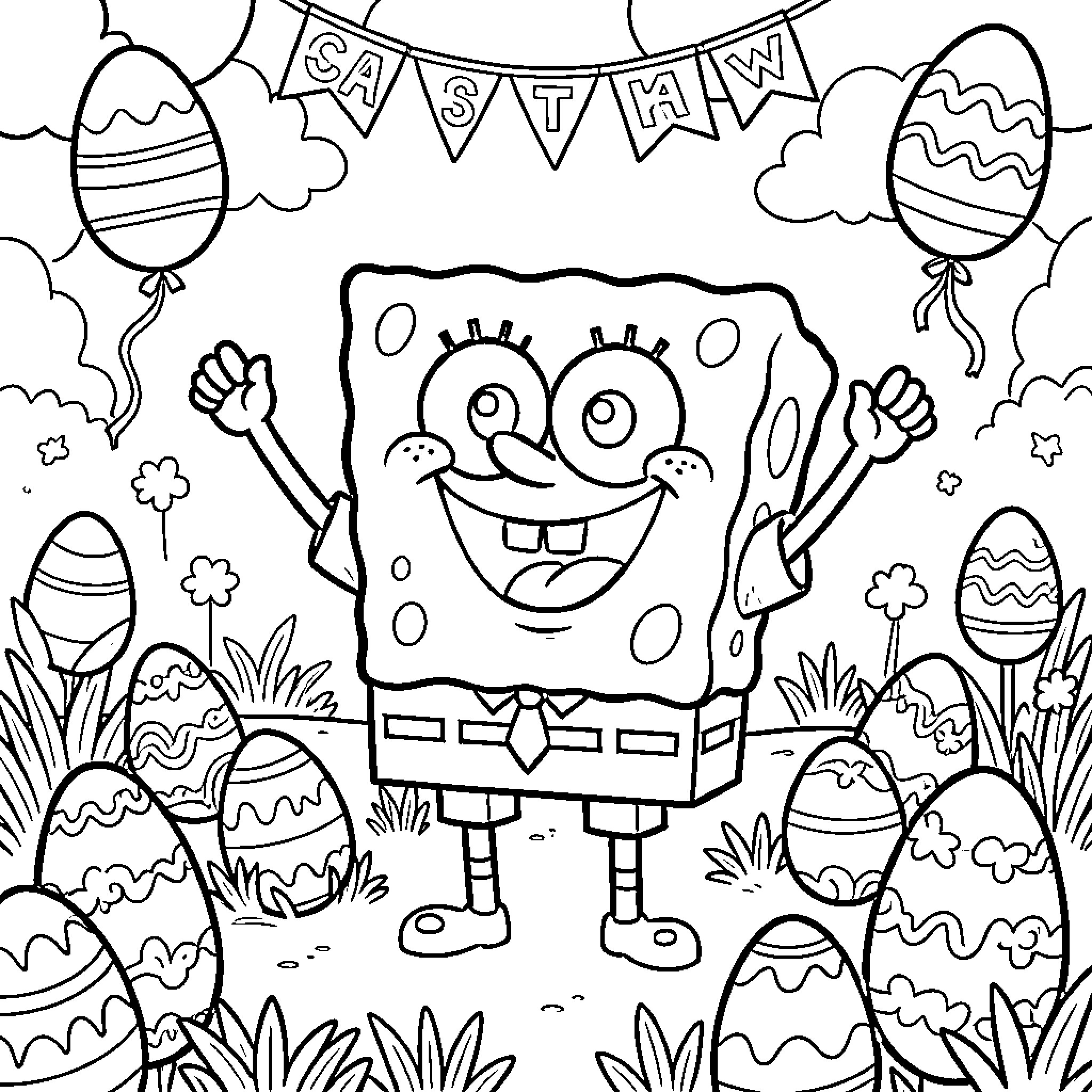 Spongebob celebrates Easter with decorations and fun Coloring Page (free black-and-white line drawing printable PDF for all, from beginners to advanced learners, including children, teens, adults, and seniors)