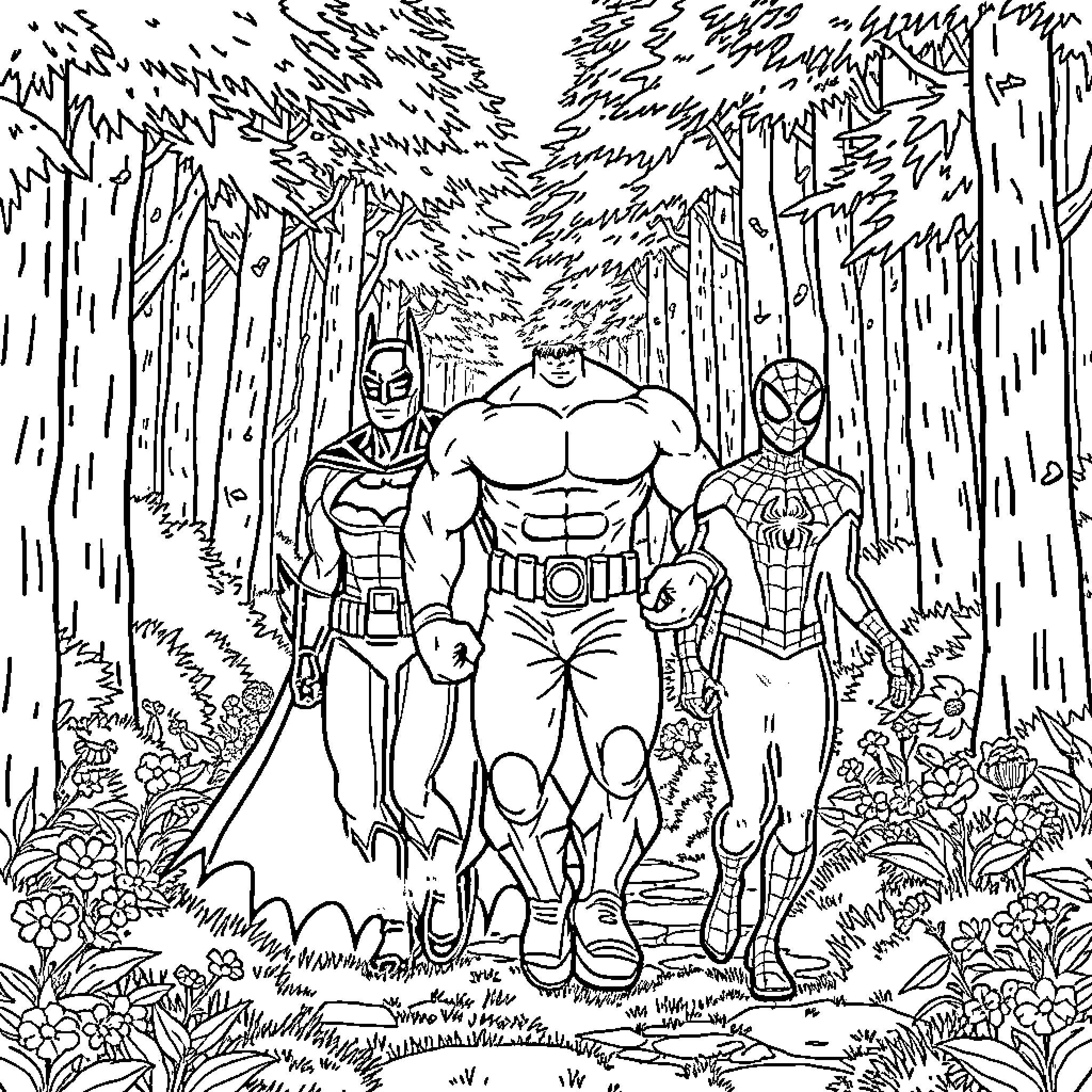 Batman and heroes in the forest adventure Coloring Page (free black-and-white line drawing printable PDF for all, from beginners to advanced learners, including children, teens, adults, and seniors)